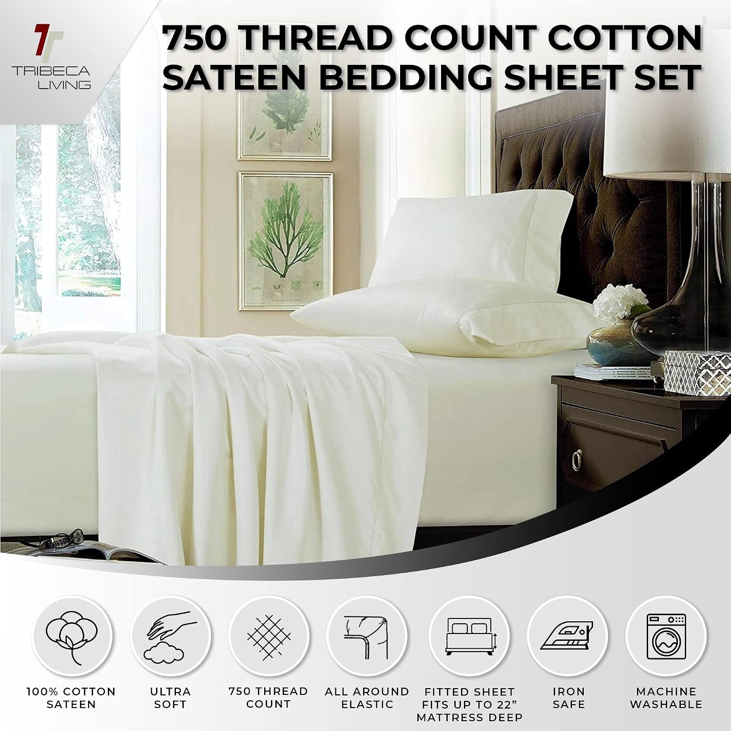 Tribeca Living Queen Bed Sheet Set, Soft Cotton Sateen Solid Sheets and Pillowcase Set, Extra Deep Pocket, 750 Thread Count, 4-Piece Luxury Bedding, Ivory