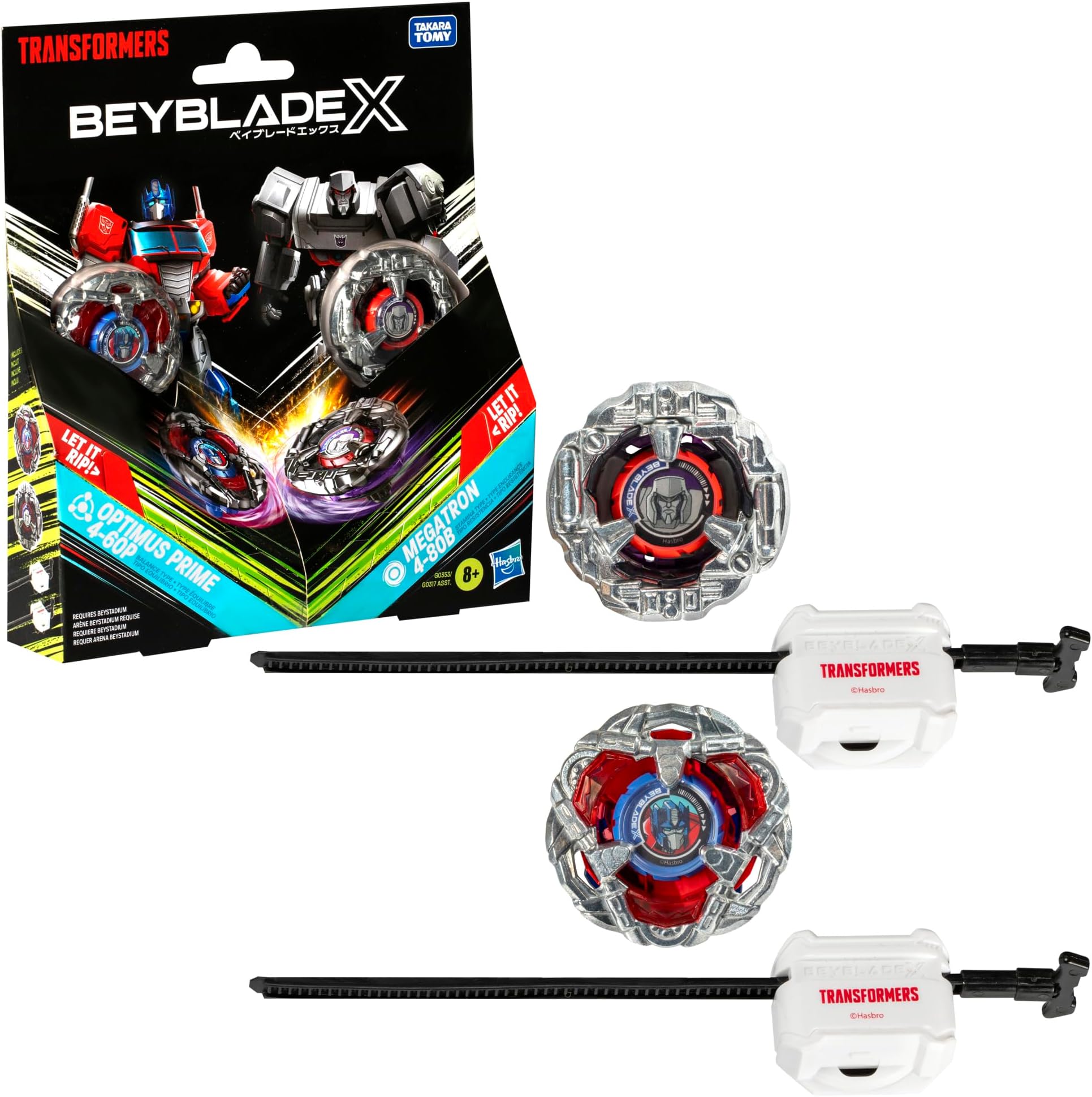 Beyblade X Transformers Collab Optimus Prime 4-60P vs. Megatron 4-80B Multipack Set with 2 Tops & 2 launchers; Battling Top Toys for 8 Year Old Boys & Girls (Amazon Exclusive)