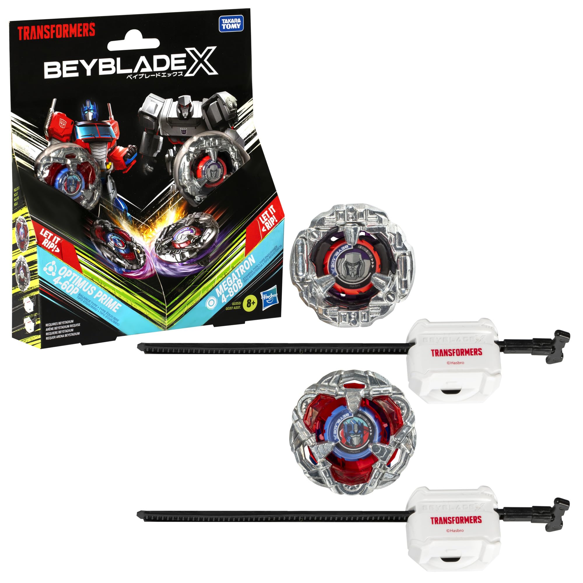 ベイブレード X トランスフォーマー コラボ オプティマスプライム 4-60P vs メガトロン 4-80B マルチパックセット トップス2個&ランチャー2個付き 8歳の男の子と女の子用のバトルトップトイ (Amazon限定)