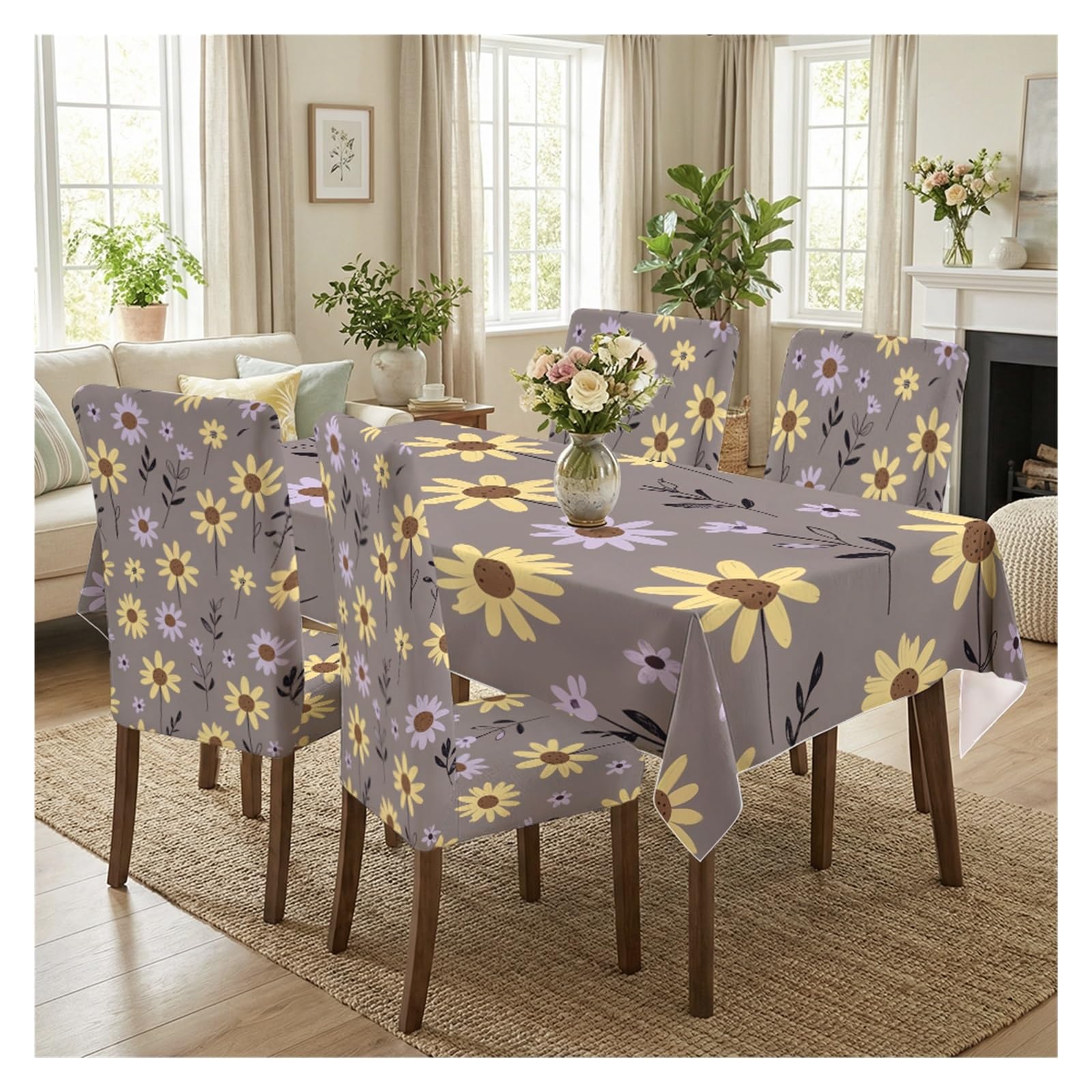 KXUAUV Grey Base Pastel Yellow Purple Daisy Floral Dining Tablecloth & Chair Covers Set, 5/7 Piece Soft Cottage Minimal Farmhouse Dining Decor Party Decor(5pcs Set: Tablecloth+Chair Covers)