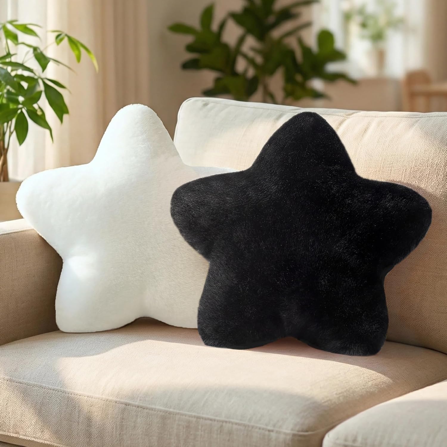 2PCS Star Pillow Set, 15.35’’ Cute Black White Decorative Star Shaped Throw Pillows for Bed Couch, Aesthetic Soft Faux Plush Pillow Cushion for Room Bedroom Decor Sofa Chair (Black&White)