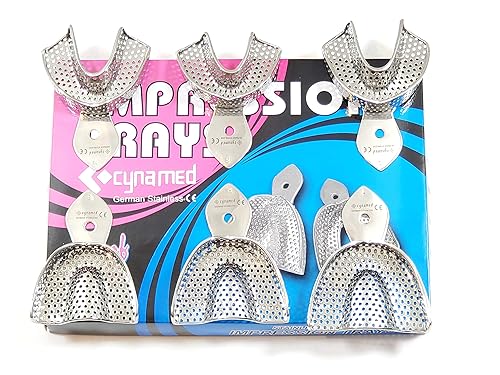 Miniatura 5 de Cynamed - Juego de 6 bandejas de impresión dental alemanas de acero inoxidable, 6 unidades, pequeñas, medianas, grandes, superiores e inferiores,