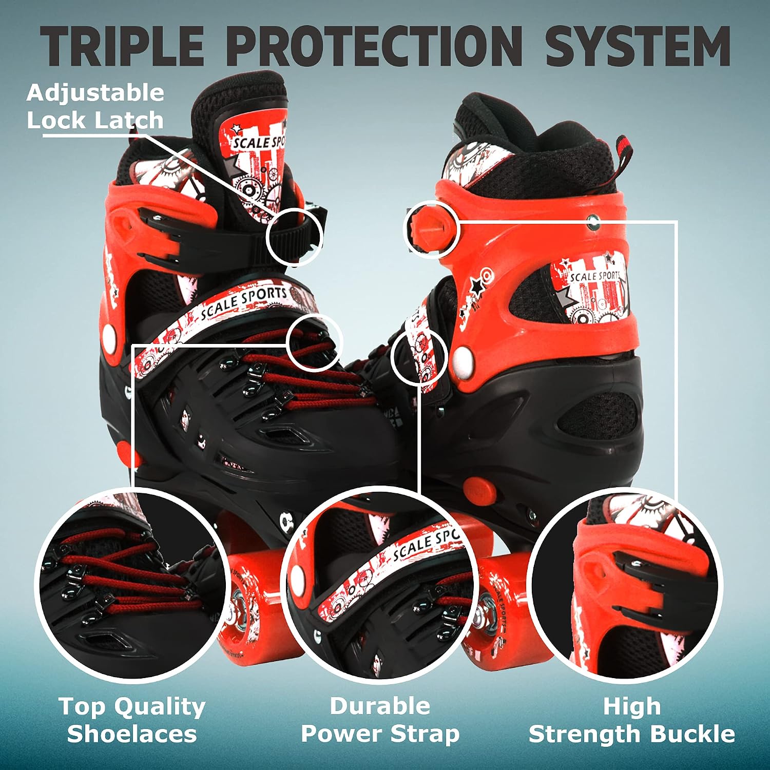 Scale Sports Adjustable Quad Roller Skates for Kids Size 13.5 Junior to 9 Adult