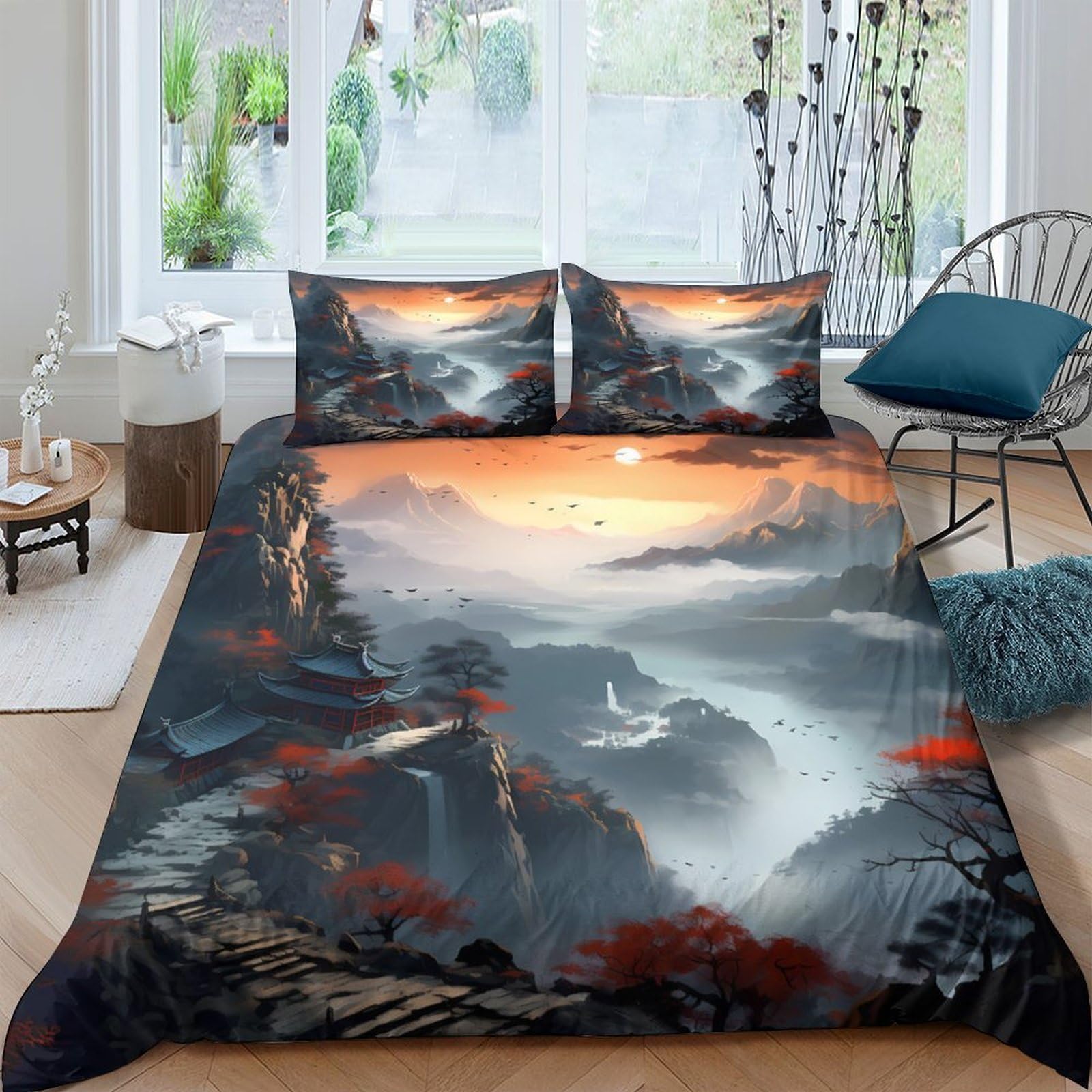 Ctjqhvkz Style-8 3D Printed Sunset Mountain Fitted Sheet Microfiber Soft Breathable Misty Forest Mattress Cover Bedroom Decor Single（135X200cm）