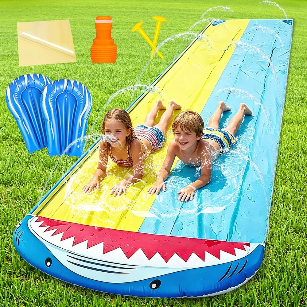 Wasserrutsche Garten 15.8ft 480cm Doppelrutsche mit Eingebautem Sprinkler für Kinder Erwachsene Outdoor