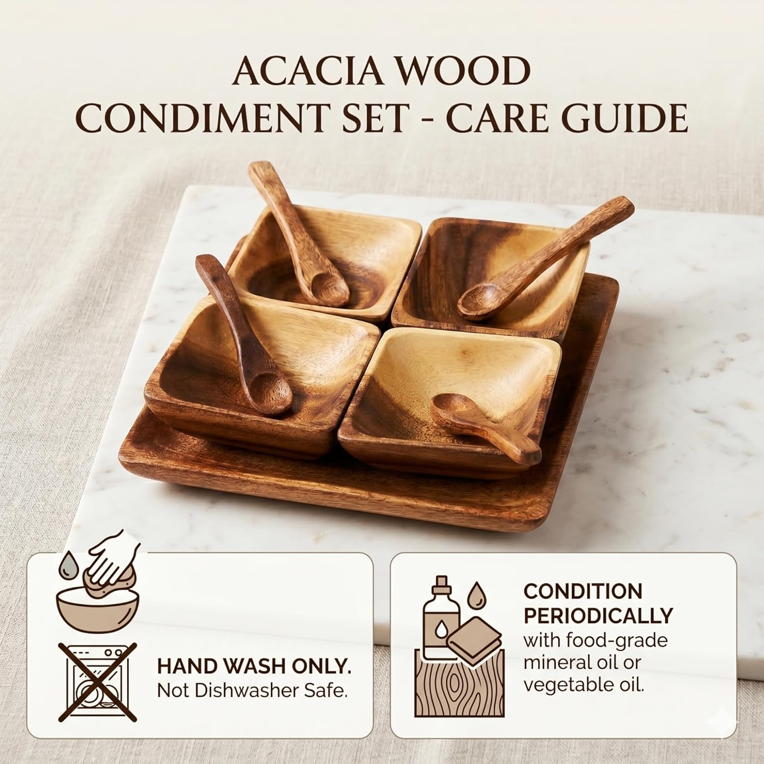 Handcrafted Acacia Wood Condiment Set with Tray & Spoons – Durable, Food-Safe, Eco-Friendly Serving Dishes for Sauces, Dips & Seasonings – Made in Hawaii