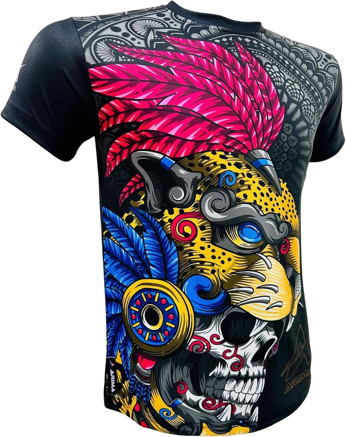 Aztec Jaguar Warrior T-Shirt – Fast-Dry MMA Muay Thai Tee w/Skull & Feather Print – Ideal for Training & Streetwear