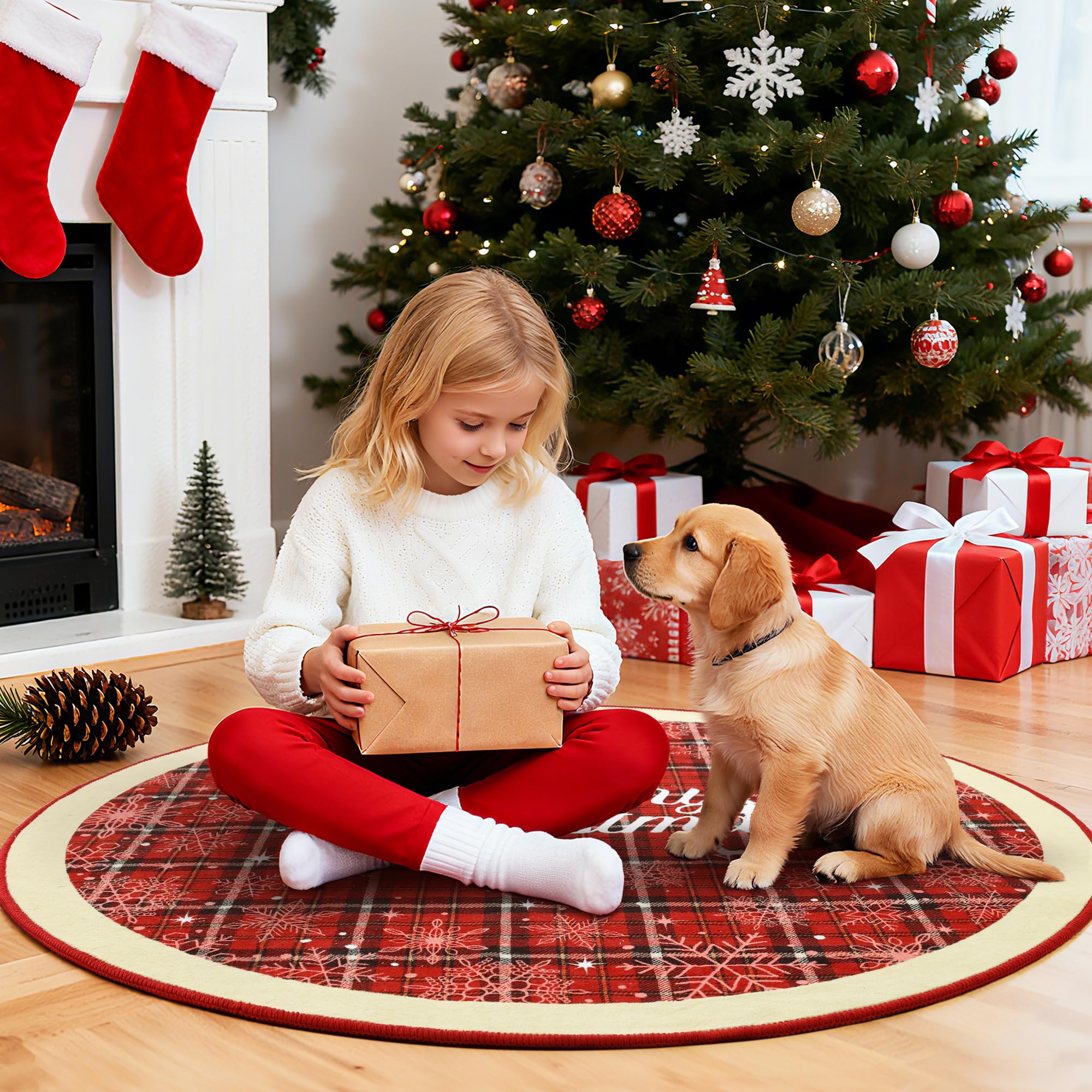 Carvapet Christmas Snowflake Washable Round Area Rug 90cm/3ft Non Slip Thin Circle Carpet Red Rug Circular Area Round Rugs
