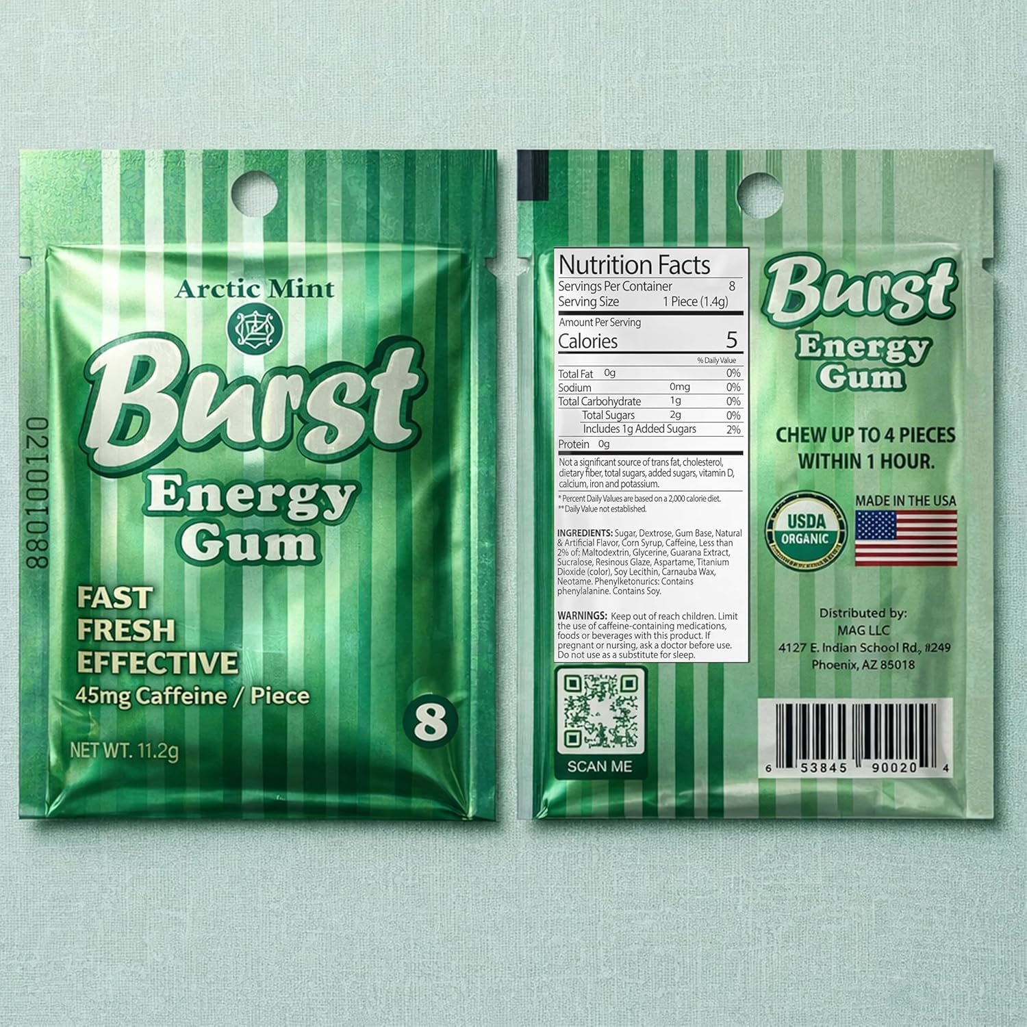 Burst Energy Gum 45mg Caffeine/Piece Arctic Mint 5 Pack of 8-40 Pieces image 2