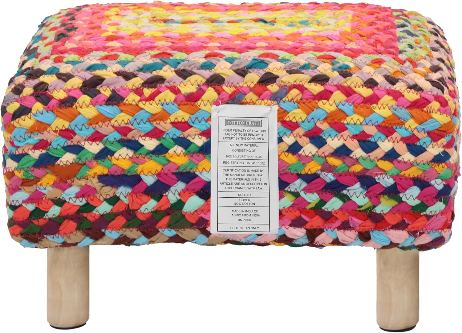 COTTON CRAFT Multi Chindi Footrest - Braided Cotton Rag Rug Foot Stool Ottoman with Sturdy Wood Legs – Handmade Boho Leg Rest - Small Spaces Under Desk Living Room Entryway Low Footstool - 16.5x12x9.5