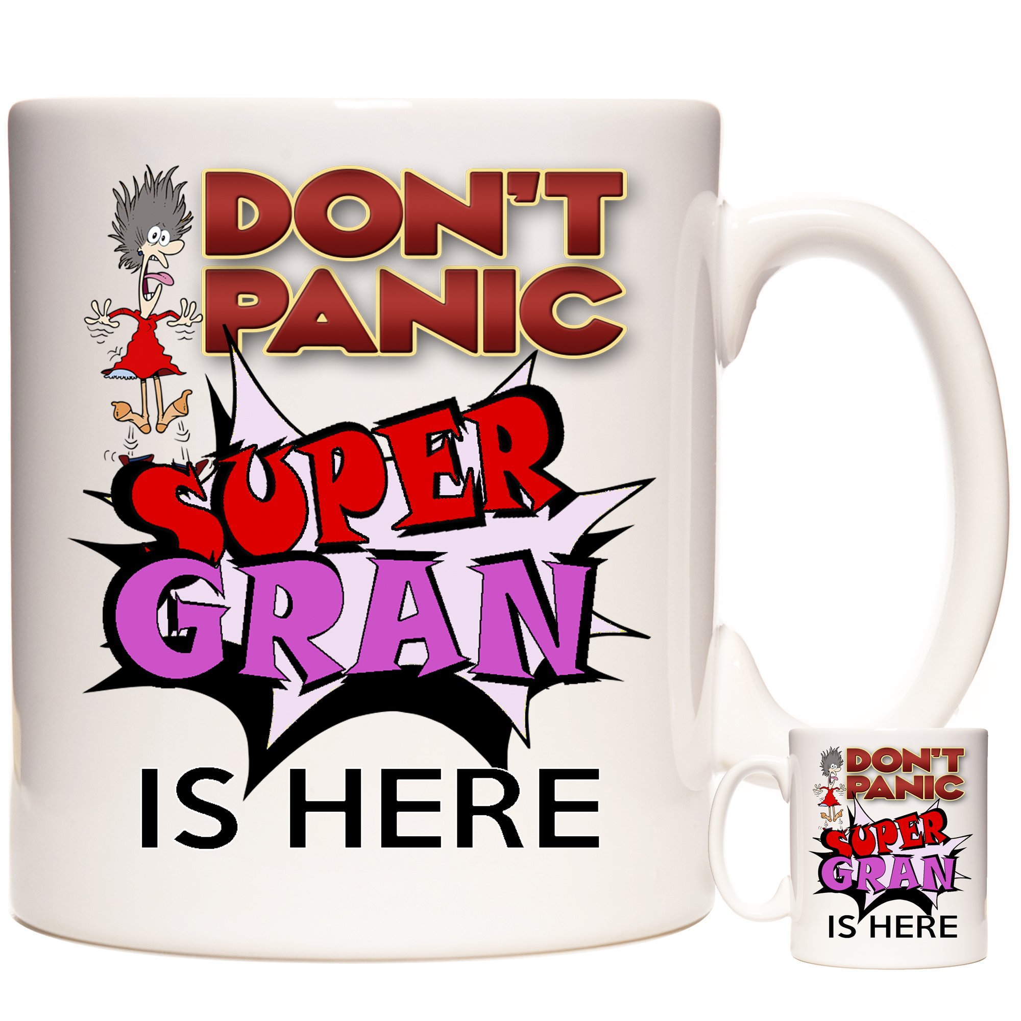 Kazmugz Gran Gift Coffee Mug/Tea Cup, Don't Panic Super Gran Is Here. Nanny, Nan, Gran Gift Mug