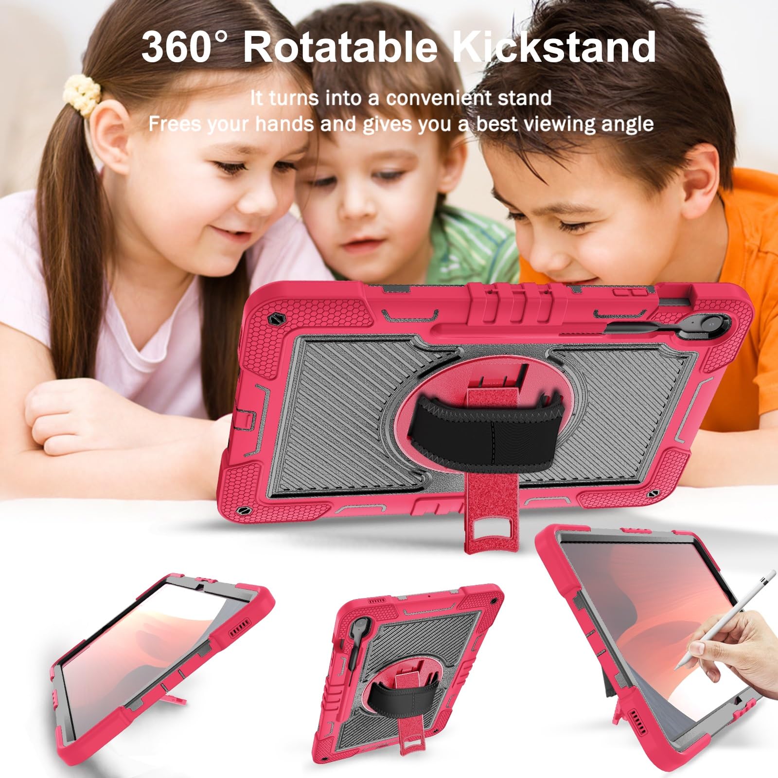 Custodia protettiva antiurto per Samsung Galaxy Tab S10 FE+/S10 FE Plus 13" 2025, custodia protettiva antiurto con cinturino da polso e tracolla, custodia in silicone stabile con cavalletto (rosso +