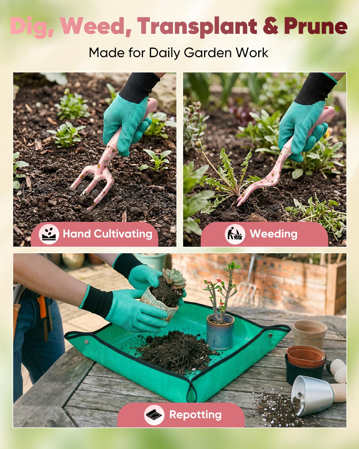 Gartengeräte Set Gartenwerkzeuge - Aluminium Handwerkzeug Kit mit rutschfesten Griffen, Gartenhandschuhe und Aufbewahrungstasche zum Pflanzen, Graben, Bodenpflege, Blumenbeete, Terrasse und Hausgarten