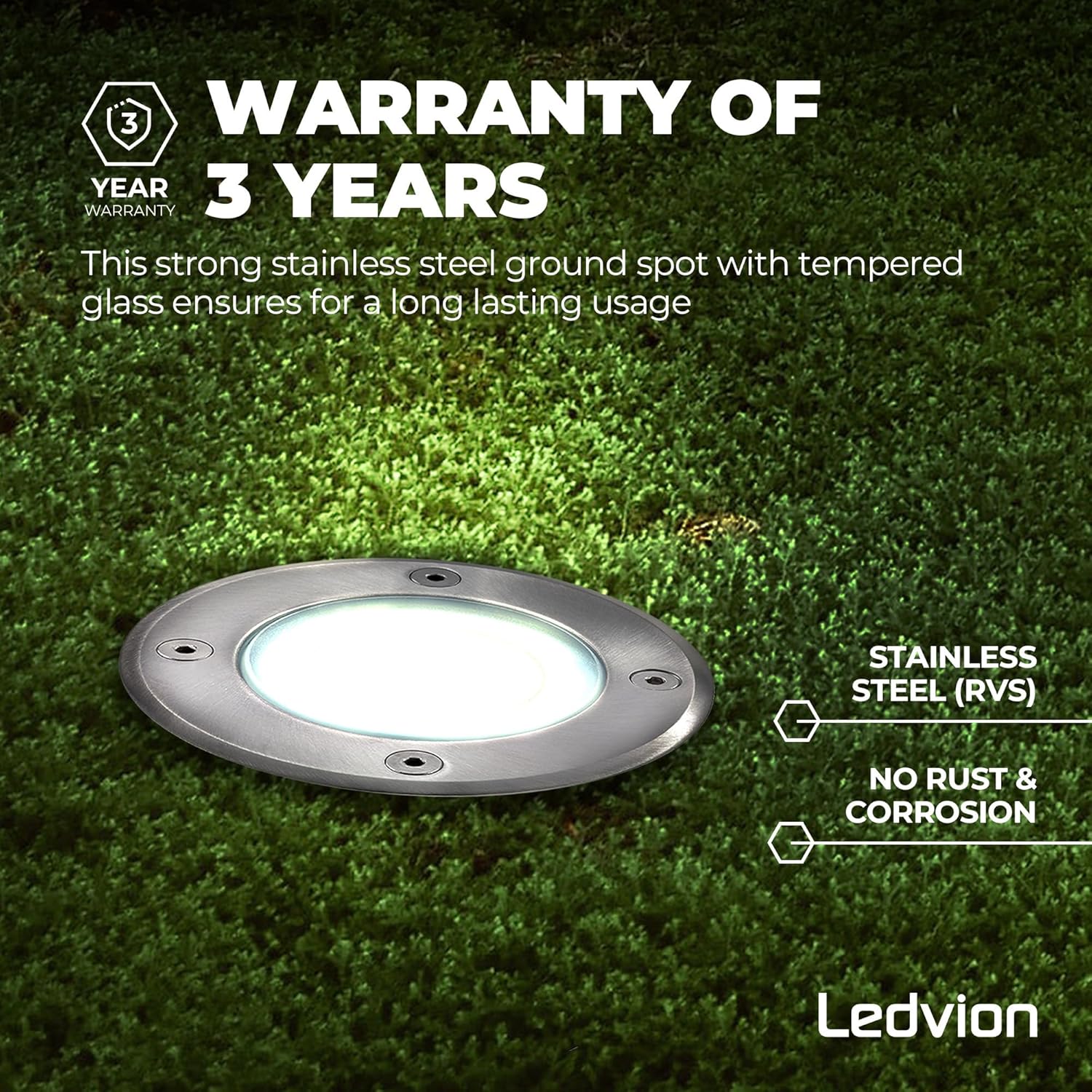 Ledvion ground spot with 3-year warranty badge