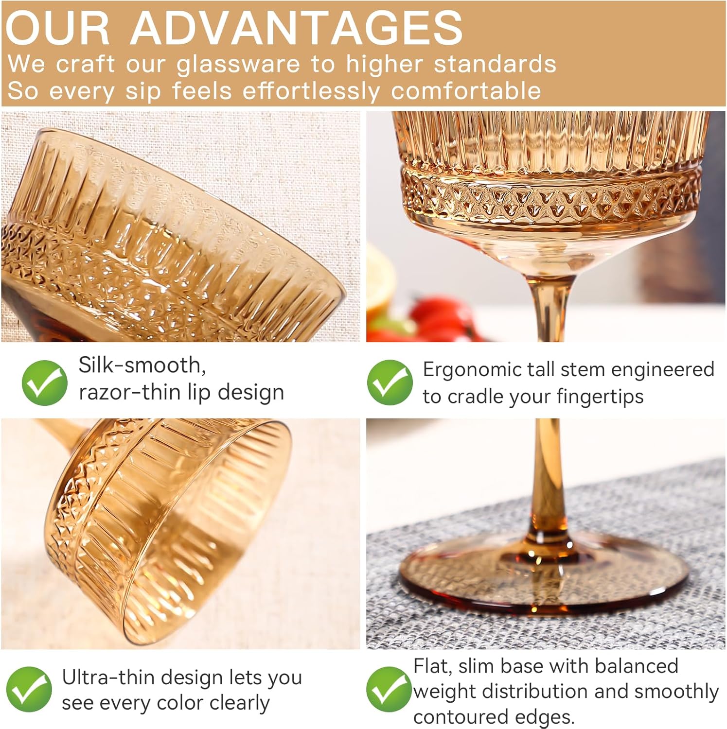 Amber Vintage Coupe Glass | Set of 6 | Large 9.3oz Stemmed Glassware Muted Vintage Glasses for Champagne, Cocktail, Margarita, Wine Glass, Christmas Gift Idea, Pastel Unique Speakeasy Style Goblet