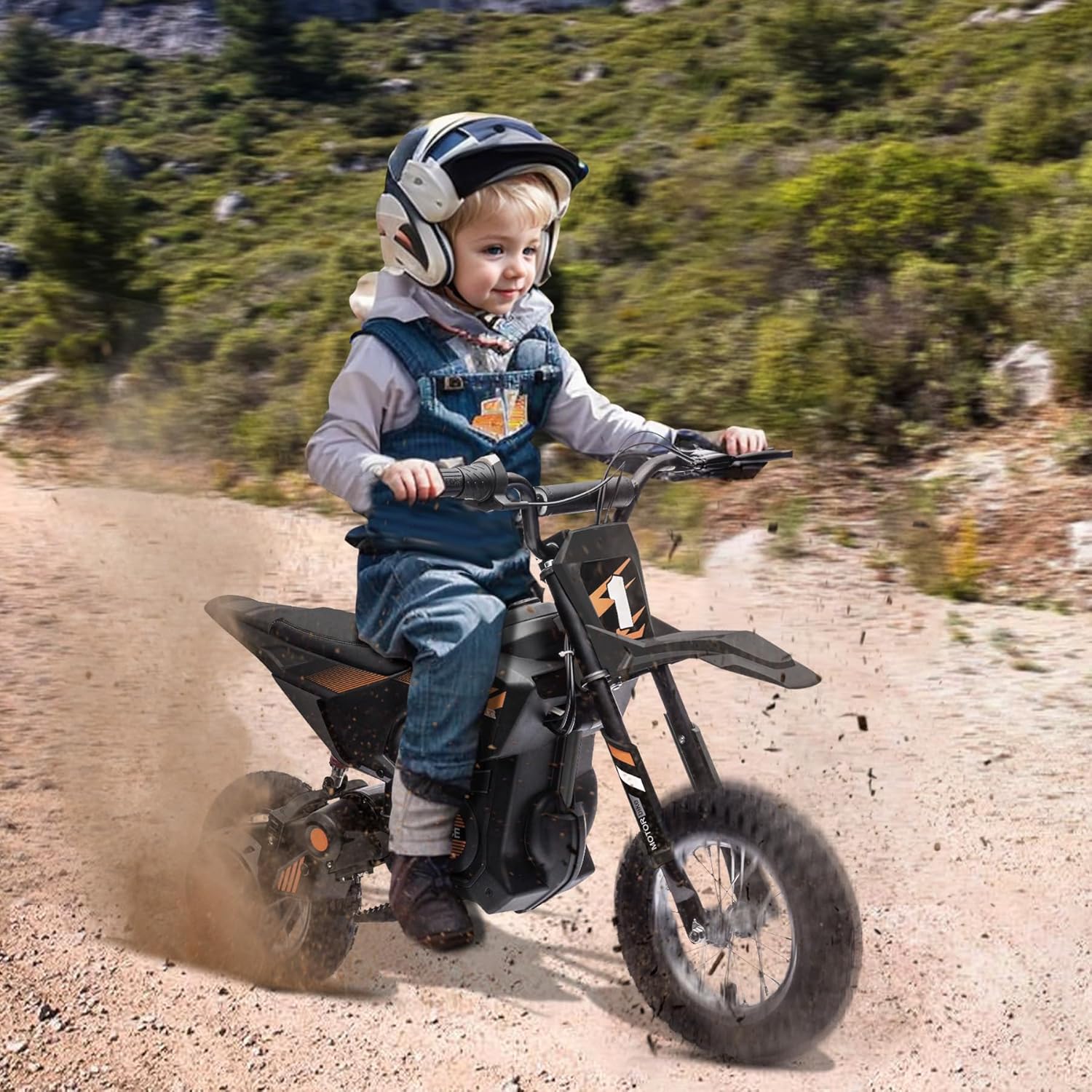 24V 7AH Kids Ride on Dirt Bike, 250W Strong Motor 13.6MPH Fast Speed Electric Off-Road Motorcycle, Leather Seat Dirt Bike, Chain-Driven, Metal Suspension, Air-Filled Tires, Black