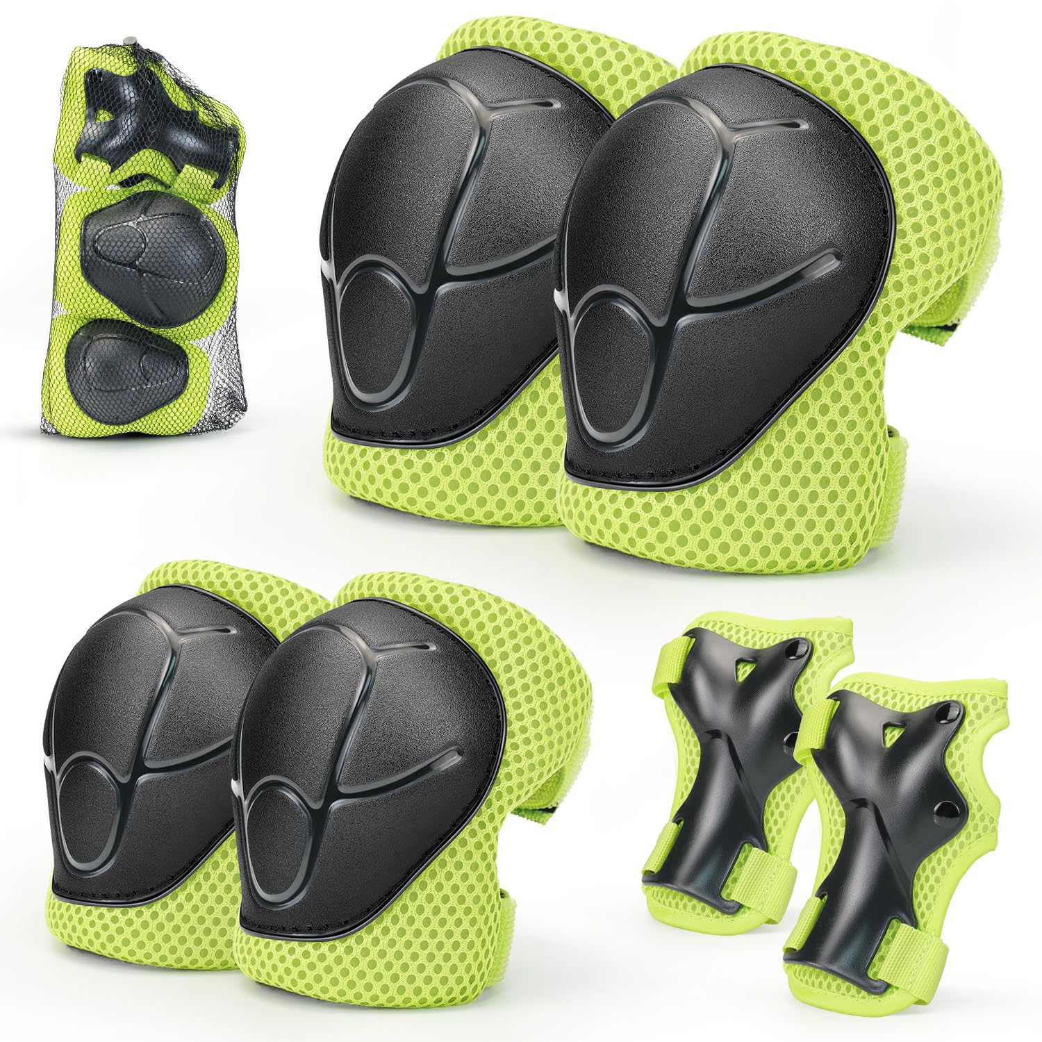 Kids Knee And Elbow Pads ,6pcs Wrist Guard Knee And Elbow Pads for Children Kids Sports Protective Gear Set including Mesh Bag for Skateboard Roller Skating