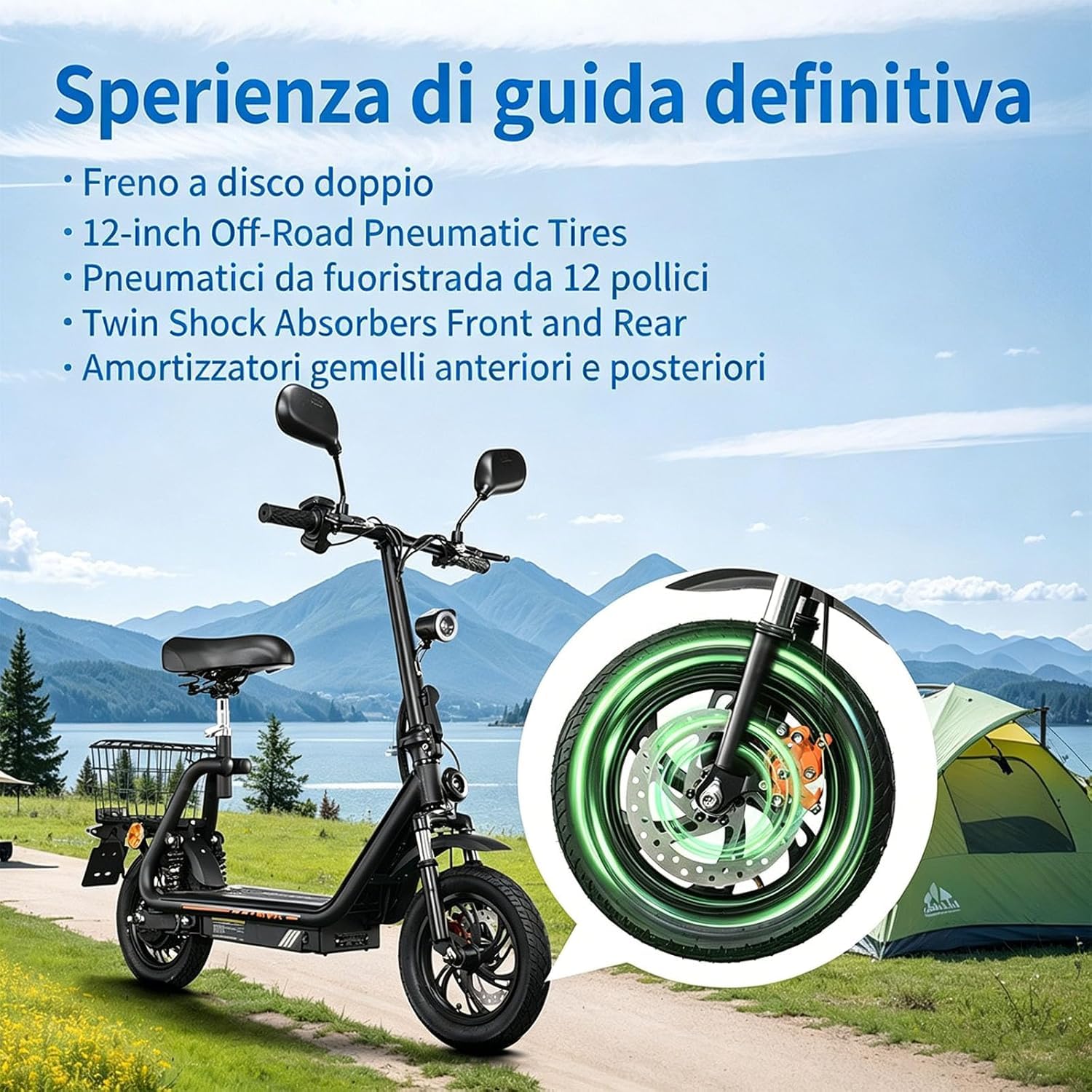 M5PRO-E Monopattino Elettrico Pieghevole, 48V 13 Ah, 30Km di Autonomia | Limite Velocità Sbloccabile,Display,Pneumatici 12",Sedile, Bauletto,Specchietti Retrovisori,Doppia Sospensione&Freno Disco