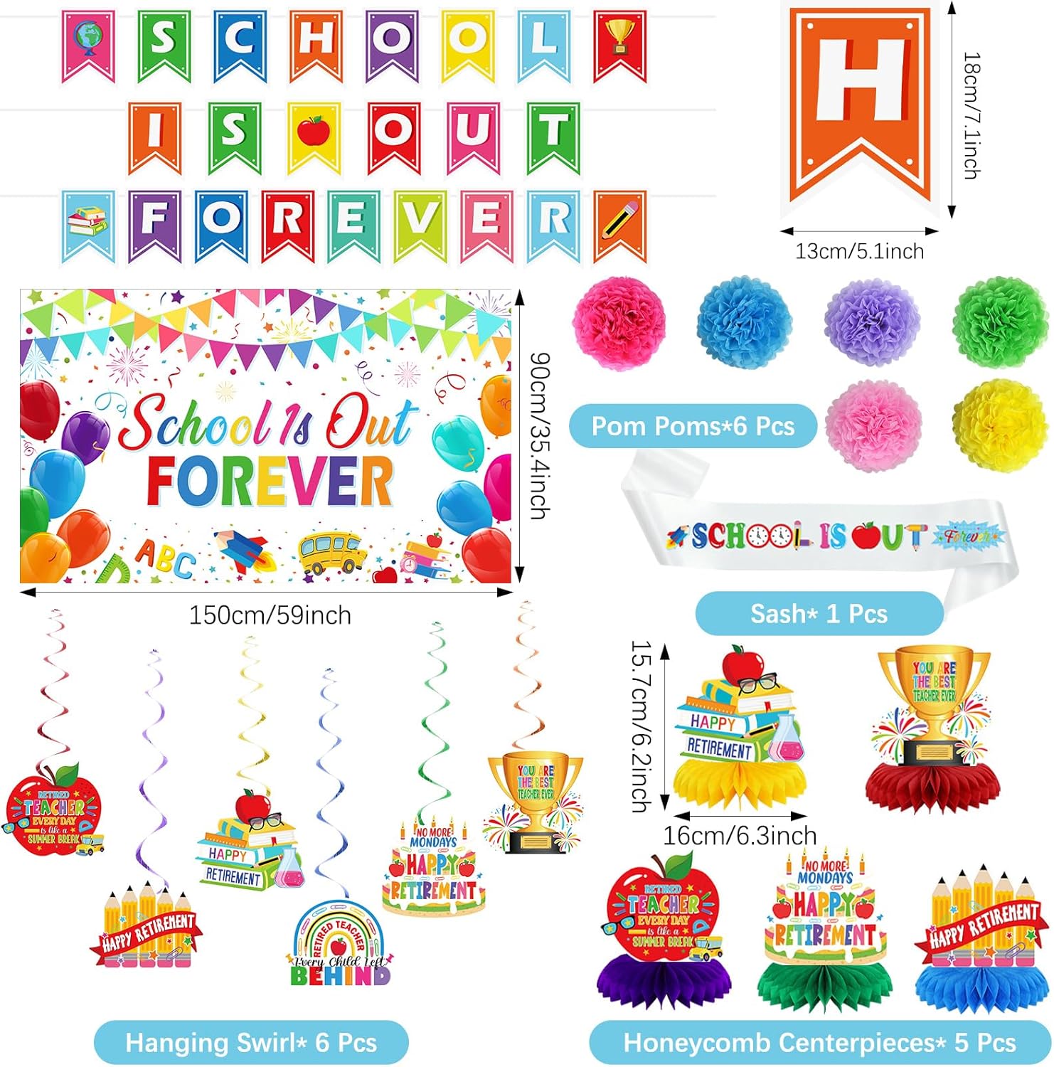 42 Pcs Happy Teacher Retirement Decorations Retirement Banner Backdrop Hanging Swirls Paper Pompoms Honeycomb Centerpieces School's out Decor for Retired Farewell Party Supplies