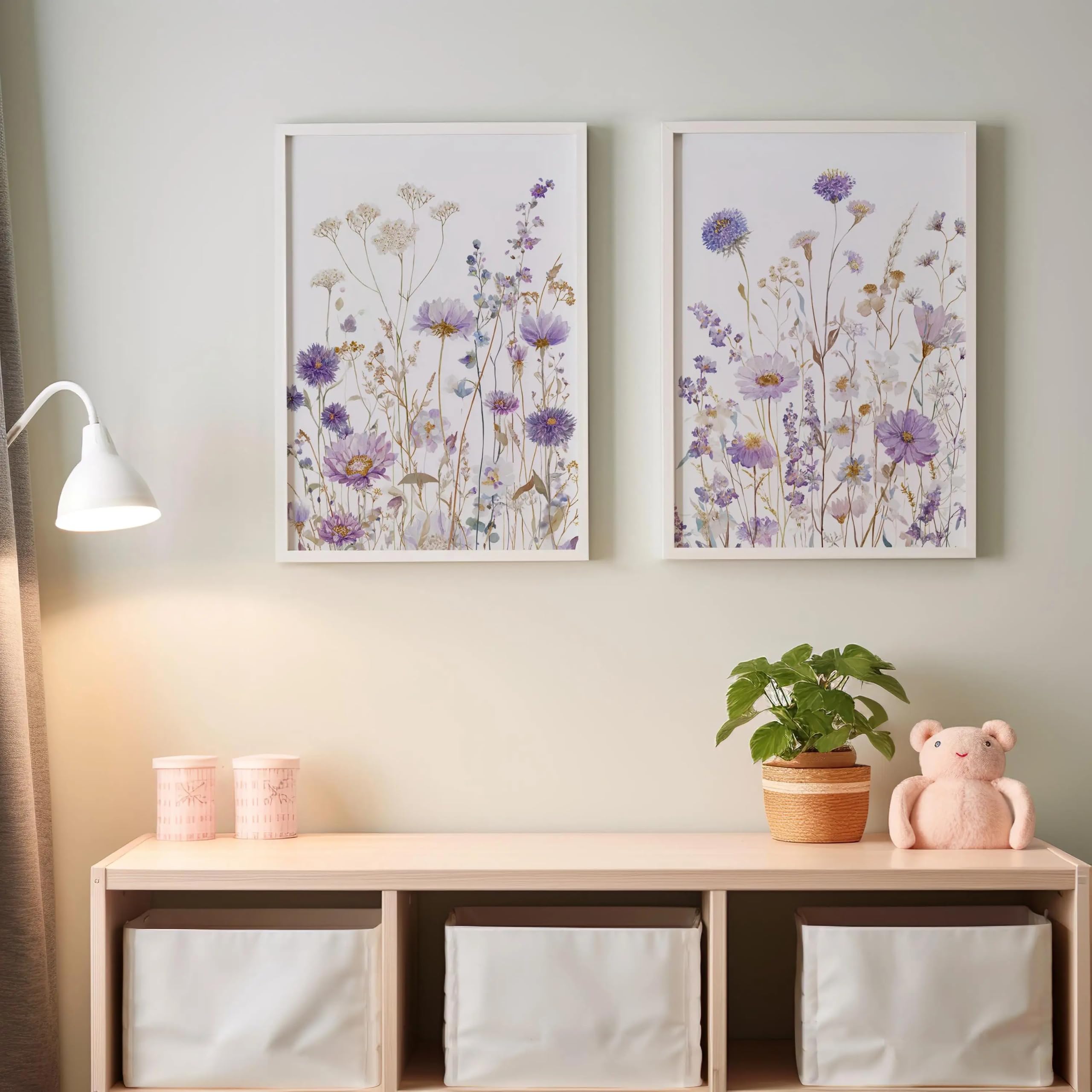 LTjiajuypd Botanische Wandkunst mit Wildblumenmotiven, neutrales Lila, florale Drucke mit Trockenblumen für das Zimmer (60x80cm-3-teilig)