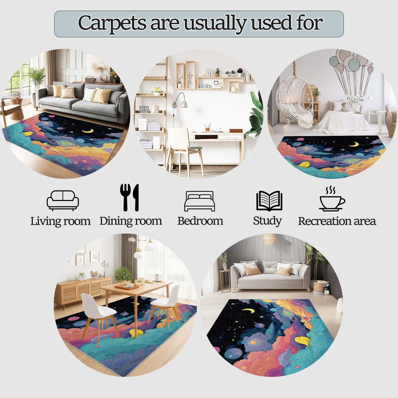 Tappeto lavabile per soggiorno, 80 x 150 cm, blu e giallo, stile bohémien, per cameretta dei bambini, stanza dei giochi, stampa di piccoli uccelli gialli e pianeti, design moderno, antiscivolo