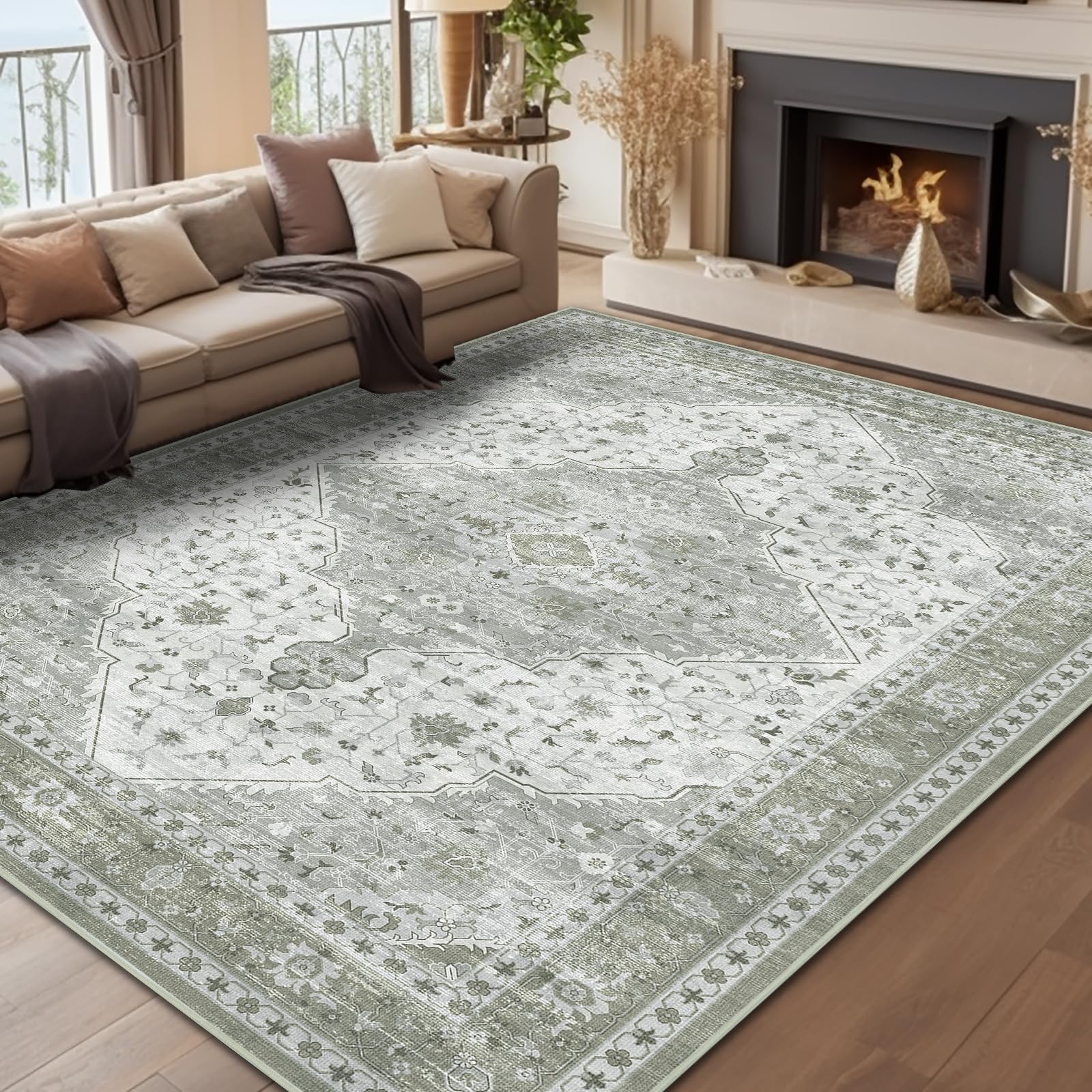 Area Rug for Living Room, Indoor Machine Washable Rug for Bedroom Vintage Rug Dinning Room Floor Carpet Non-Slip Backing Rugs Floral Soft Low-Pile Office Rug (Sage Green, 5' × 7')