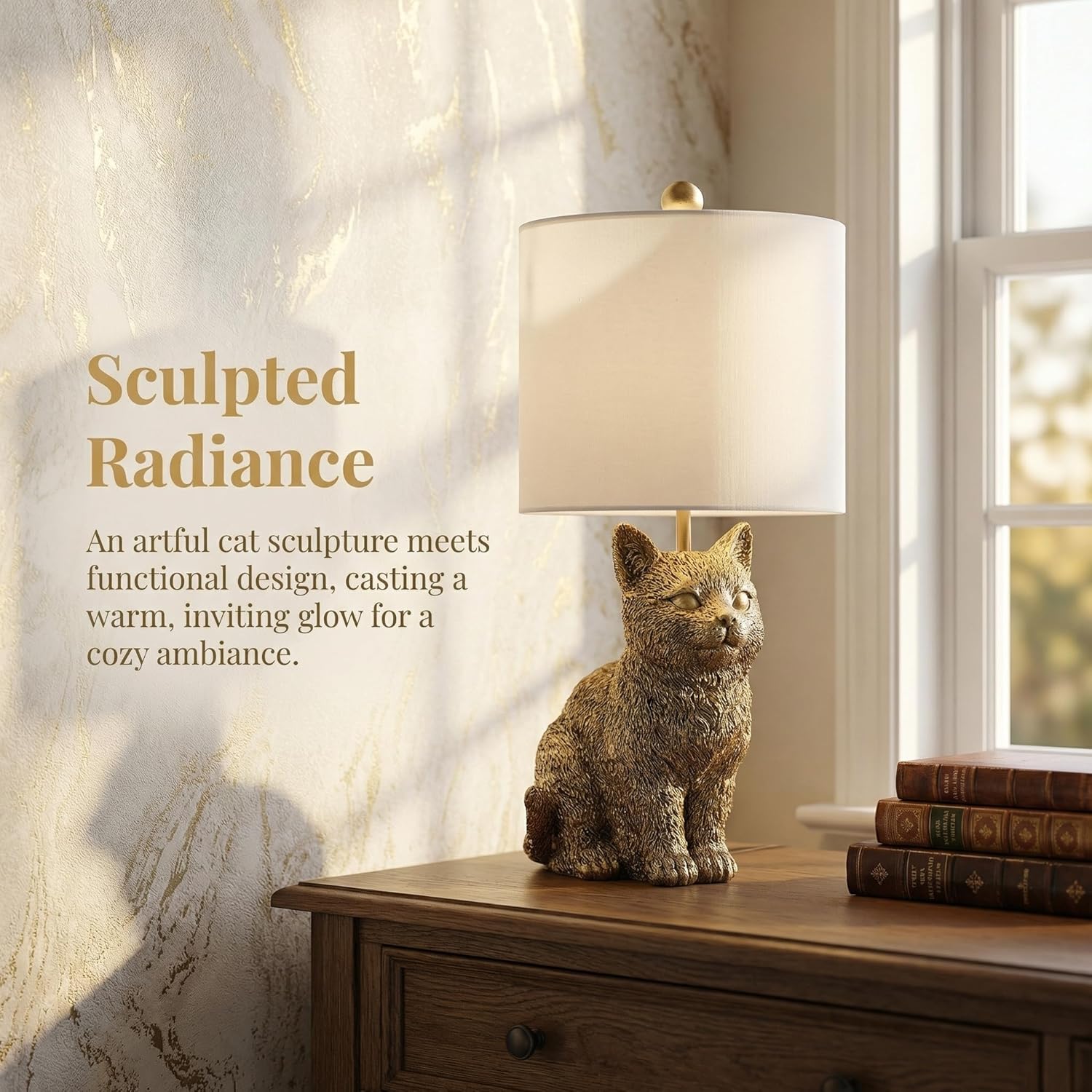 Cat Lamp - 20.5" Antique Gold Cat Table Lamp with Hardback Shade,Resin Animal Kitten Sculpture Tabletop Lamp for Living Room, Bedroom, Nursery, Office, Artistic Vintage Farmhouse Decor,Cat Lover Gifts