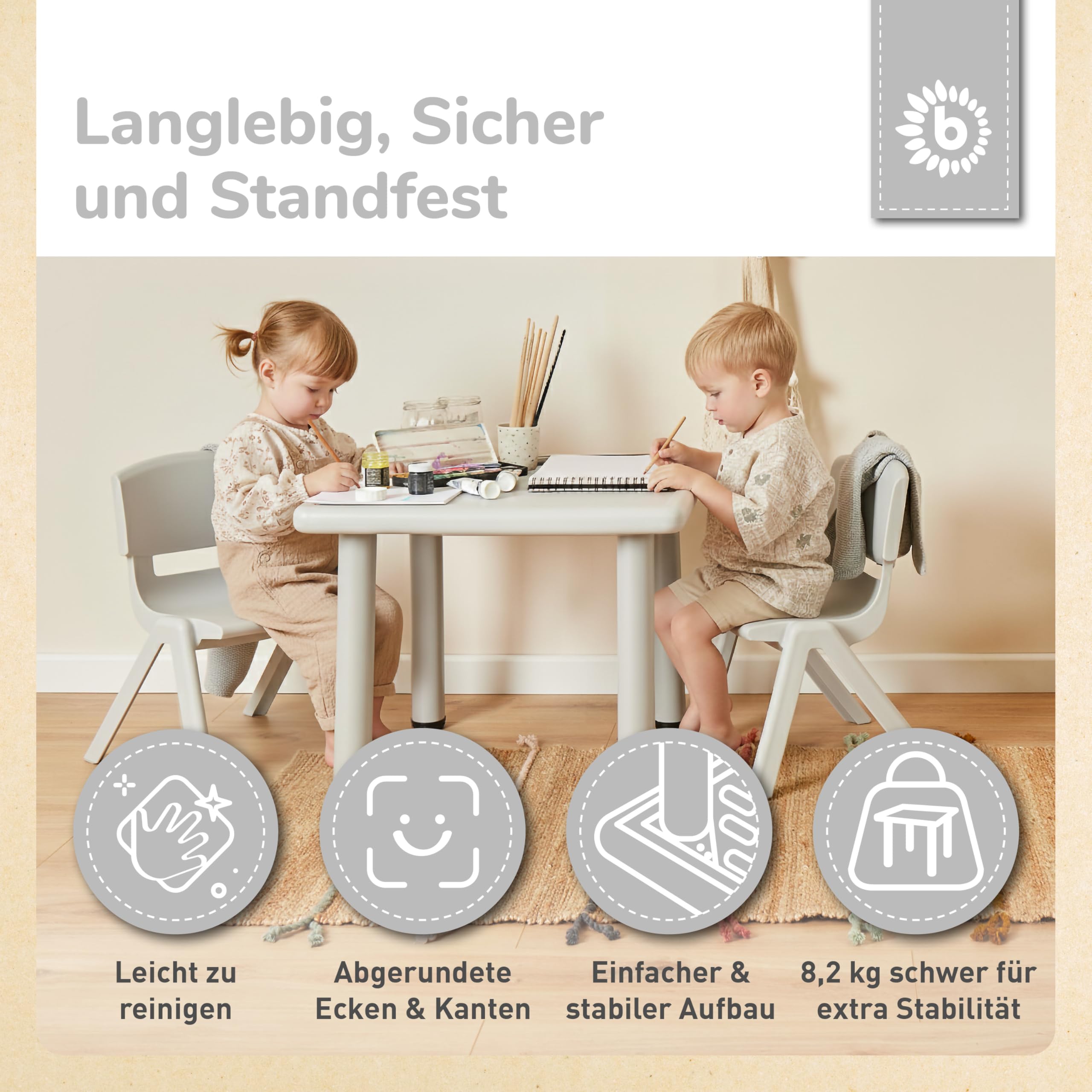 Bieco Kindertisch | Tisch für Kinder 1-8 Jahre | Kinder Tisch ca. 62x 62x 52 cm | Spieltisch höhenverstellbar | Maltisch, Kinderzimmer klein Schreibtisch | Eisgrau
