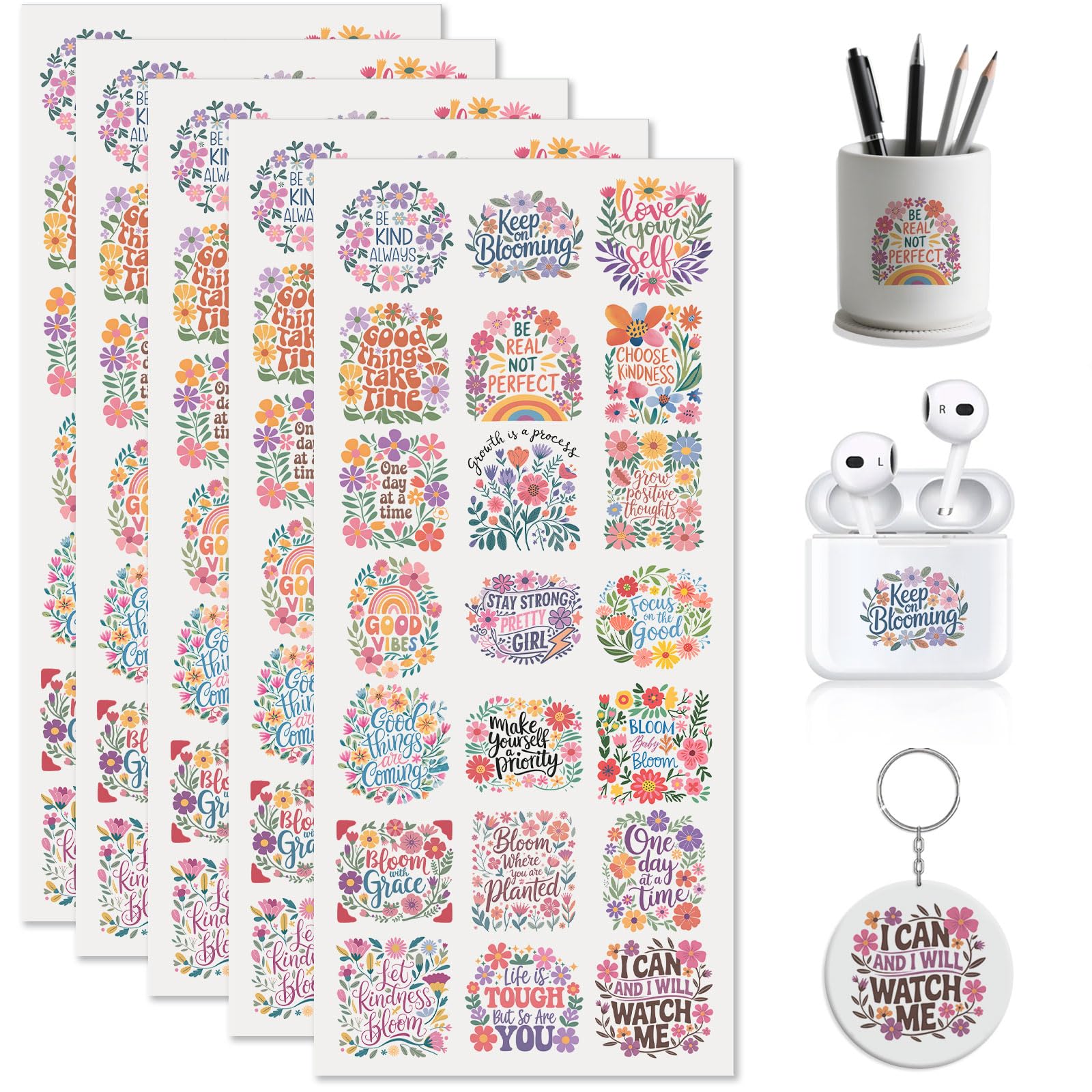 Autocollants UV DTF fleurs pour coque de téléphone portable, AirPods et porte-clés rigides