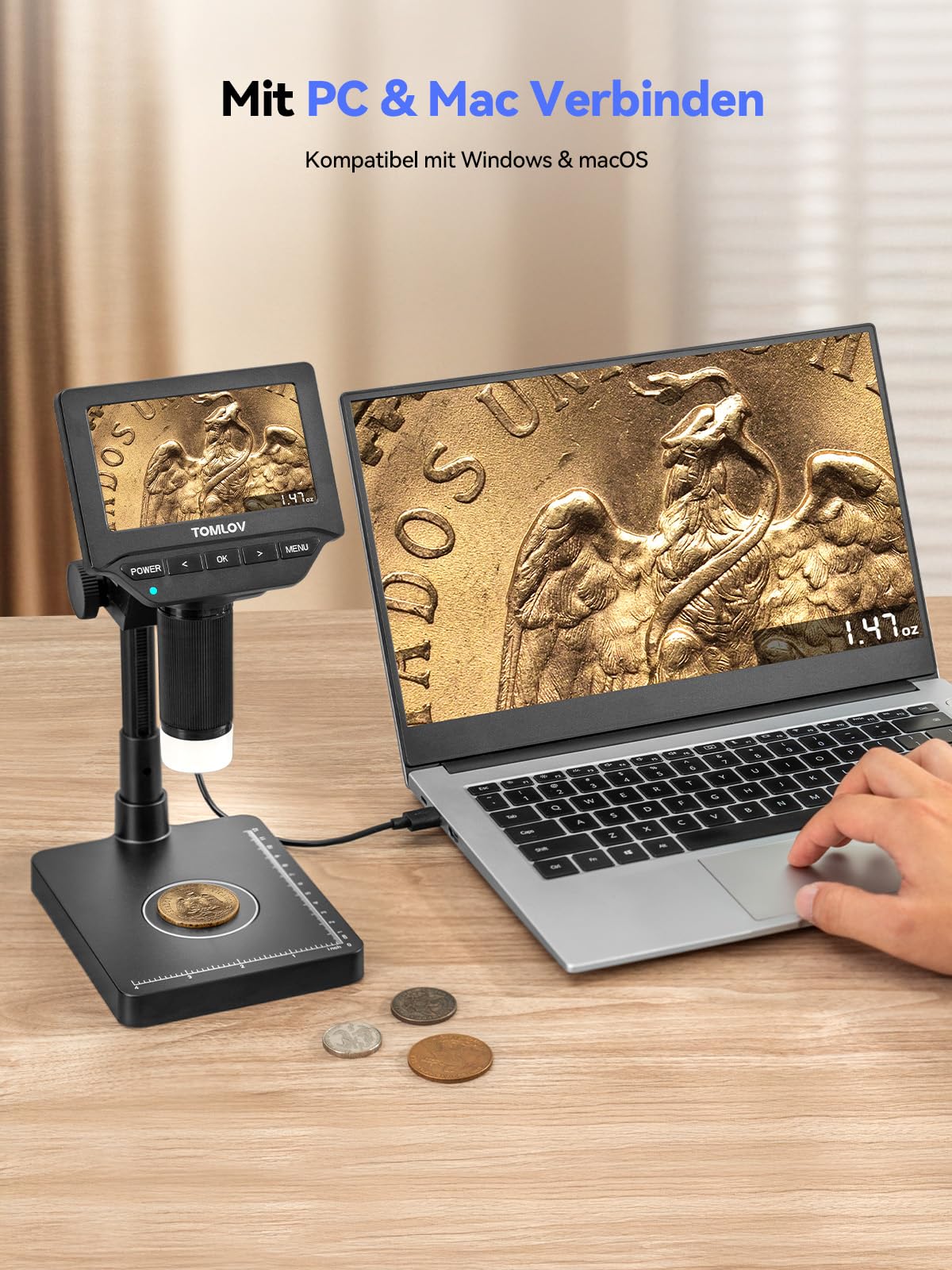 TOMLOV DM4W Mikroskop Digital mit Waage: Münzmikroskop mit 4,3" IPS-Bildschirm, USB Münzlupe mit LED-Beleuchtung, Präzisionswaage für Sammler, Juweliere, PC/Mac-Kompatibel
