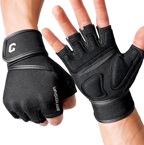VINSGUIR Guantes acolchados para levantamiento de pesas con soporte para la muñeca, guantes de entrenamiento con agarre sin dedos para hombres y