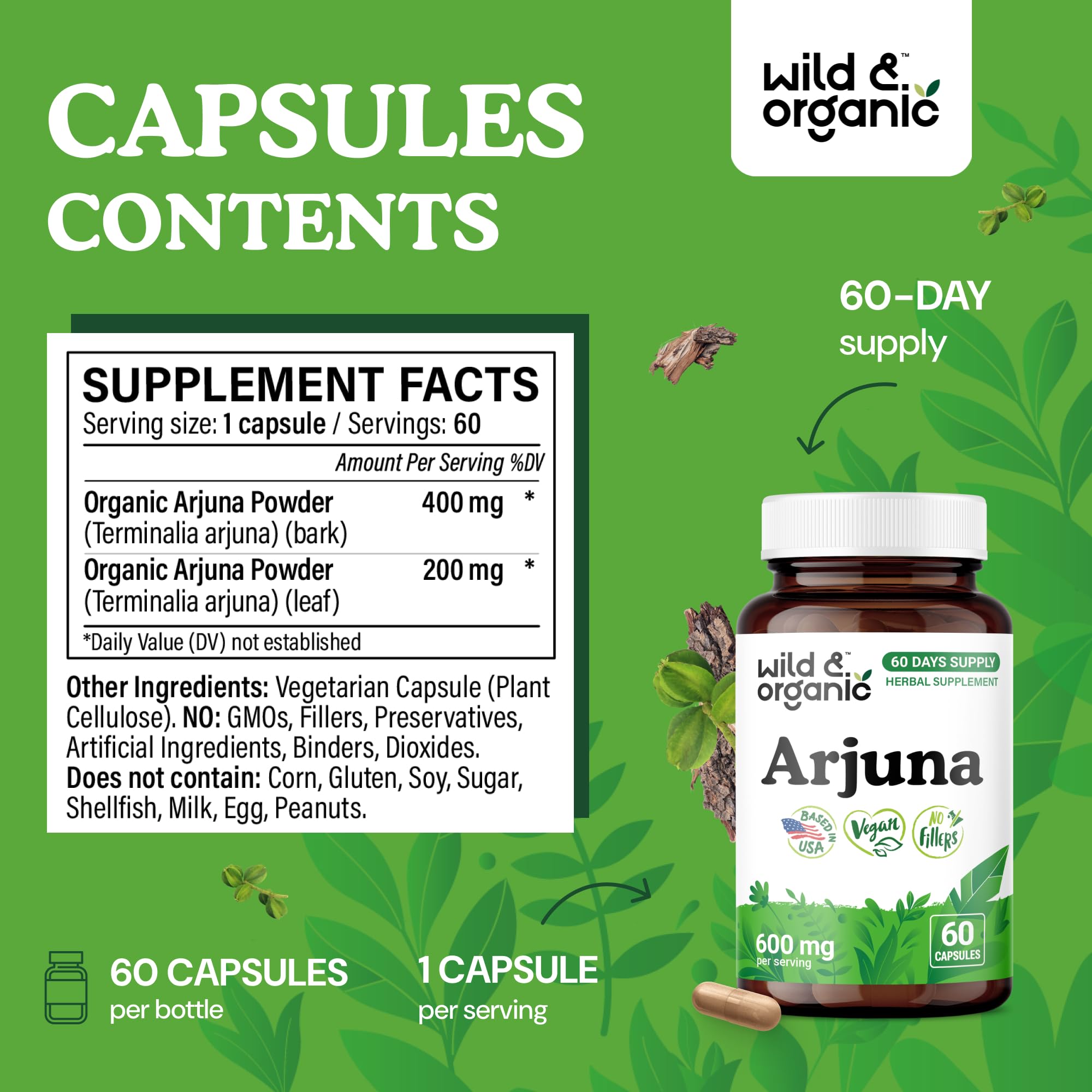 Wild & Organic Arjuna Bark Capsules - Antioxidant Support - 60 Count — Amazon image 3