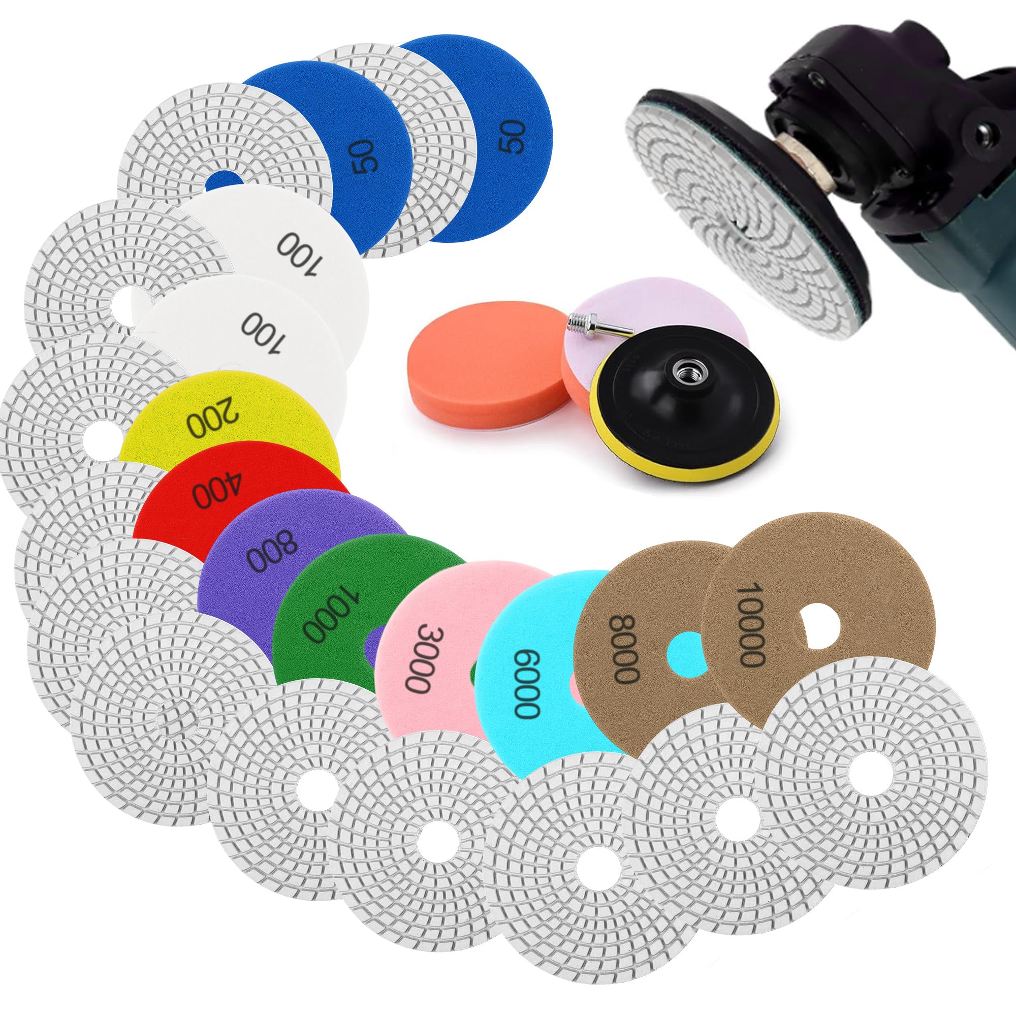 Schleifscheibe Polierset: 100MM-150MM Trocken Polierscheiben Marmor Polierset mit Gummi-Stützteller Schleifpapier für Beton Granit Stein Marmor (16pcs-100MM)