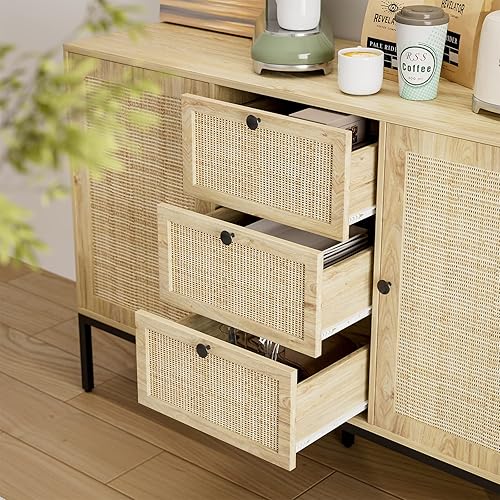 Miniatura 3 de Aparador de ratán con almacenamiento, armario con puertas y estantes, armario decorativo con cajones para sala de estar, cocina, comedor, entrada