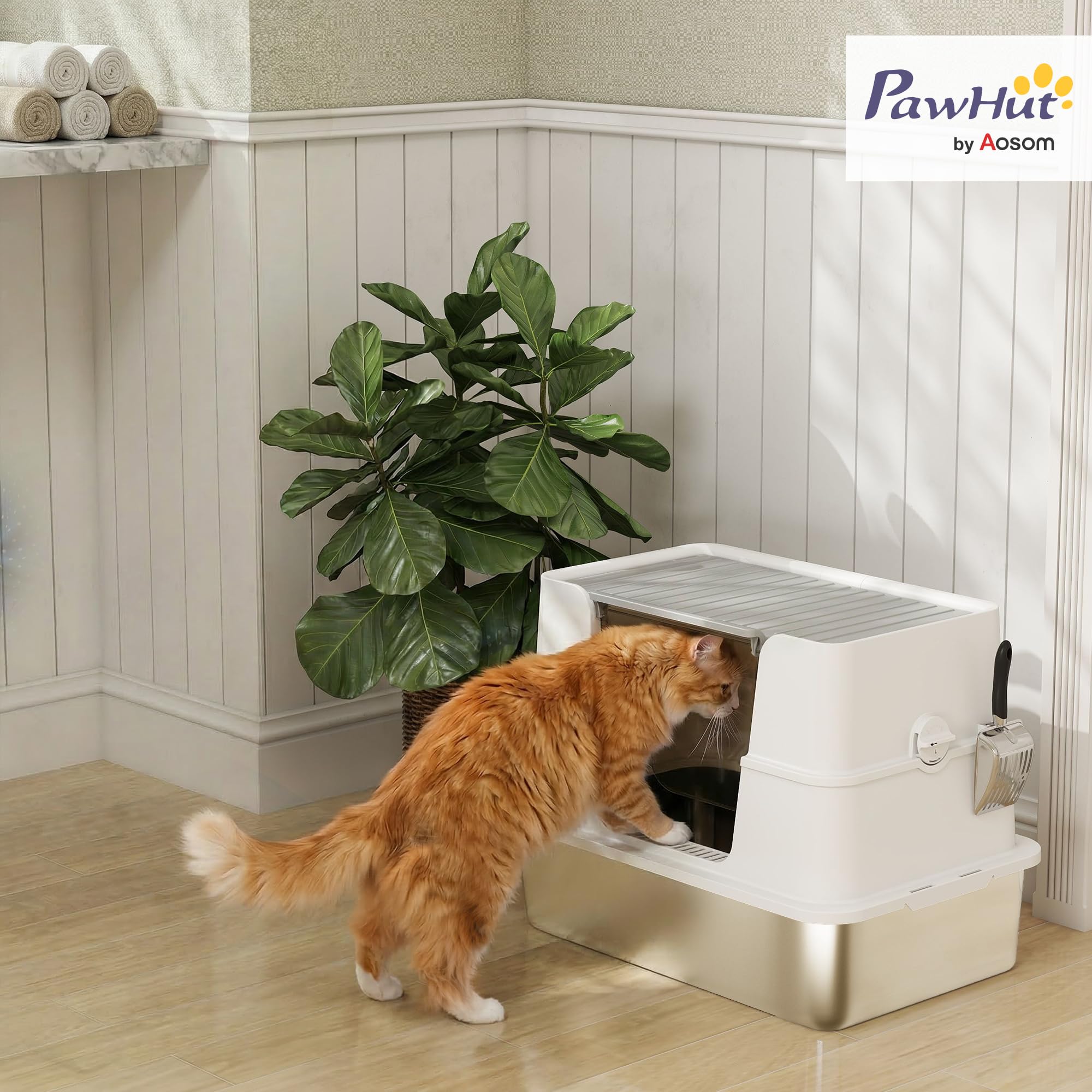 PawHut Lettiera per gatti in acciaio inox con coperchio, XL, con paletta, pedale, facile da pulire, resistente agli odori per gatti di grandi dimensioni fino a 15 kg, 60,2 x 40,2 x 44,5 cm, grigio