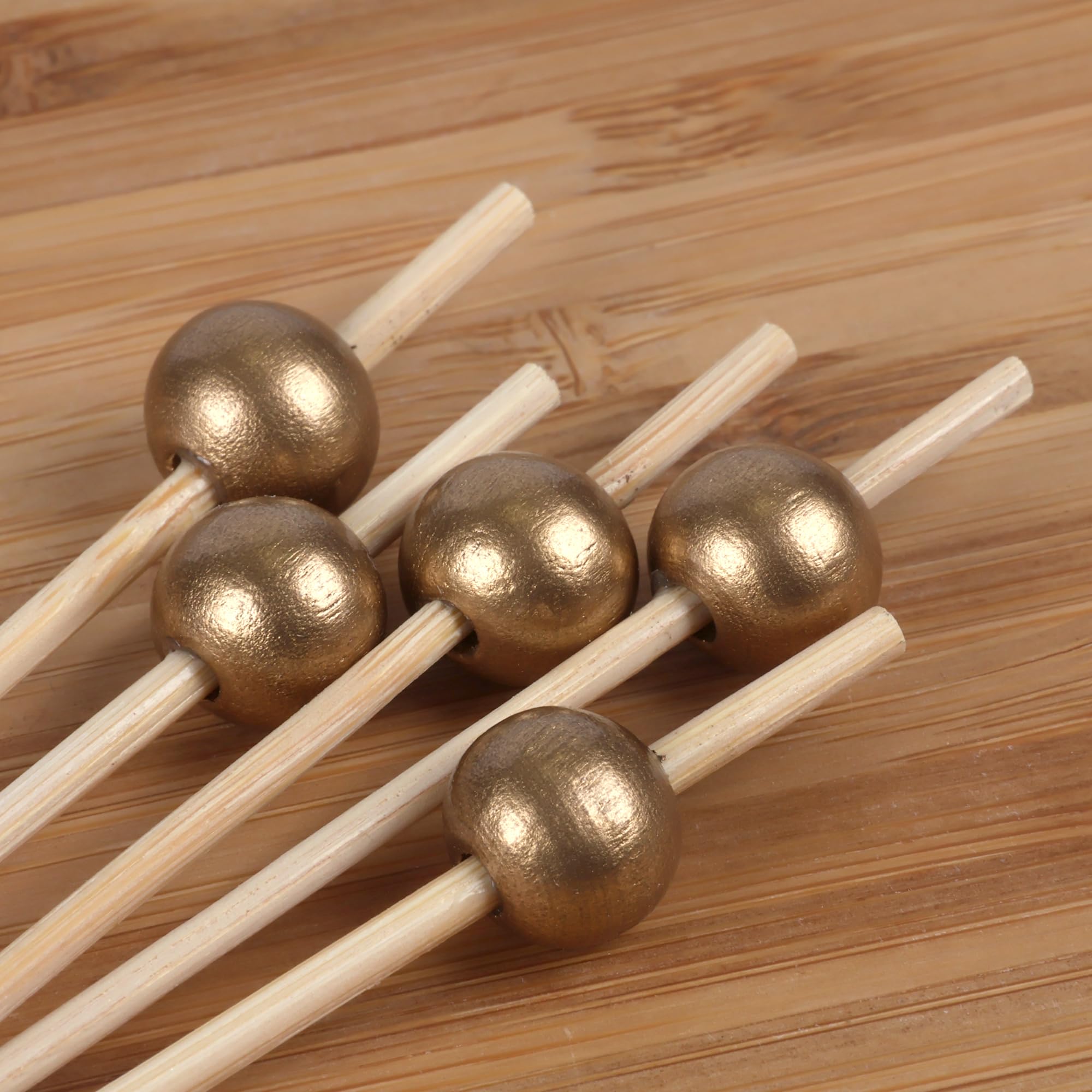 BambooMN Dekorative Cocktailspieße mit Kugelenden, für Catering, Urlaub, Restaurants oder Buffets, Partyzubehör – 9,9 cm, Gold, 1000 Stück
