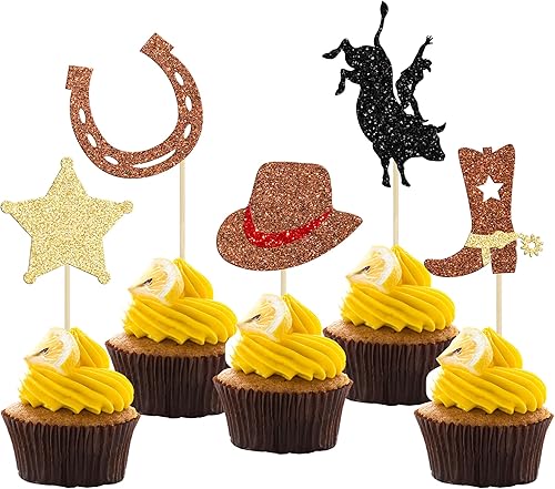 30 adornos de vaquero para cupcakes con purpurina, zapatos de caballo de vaquero, botas para cupcakes, temática occidental, baby shower, fiesta de