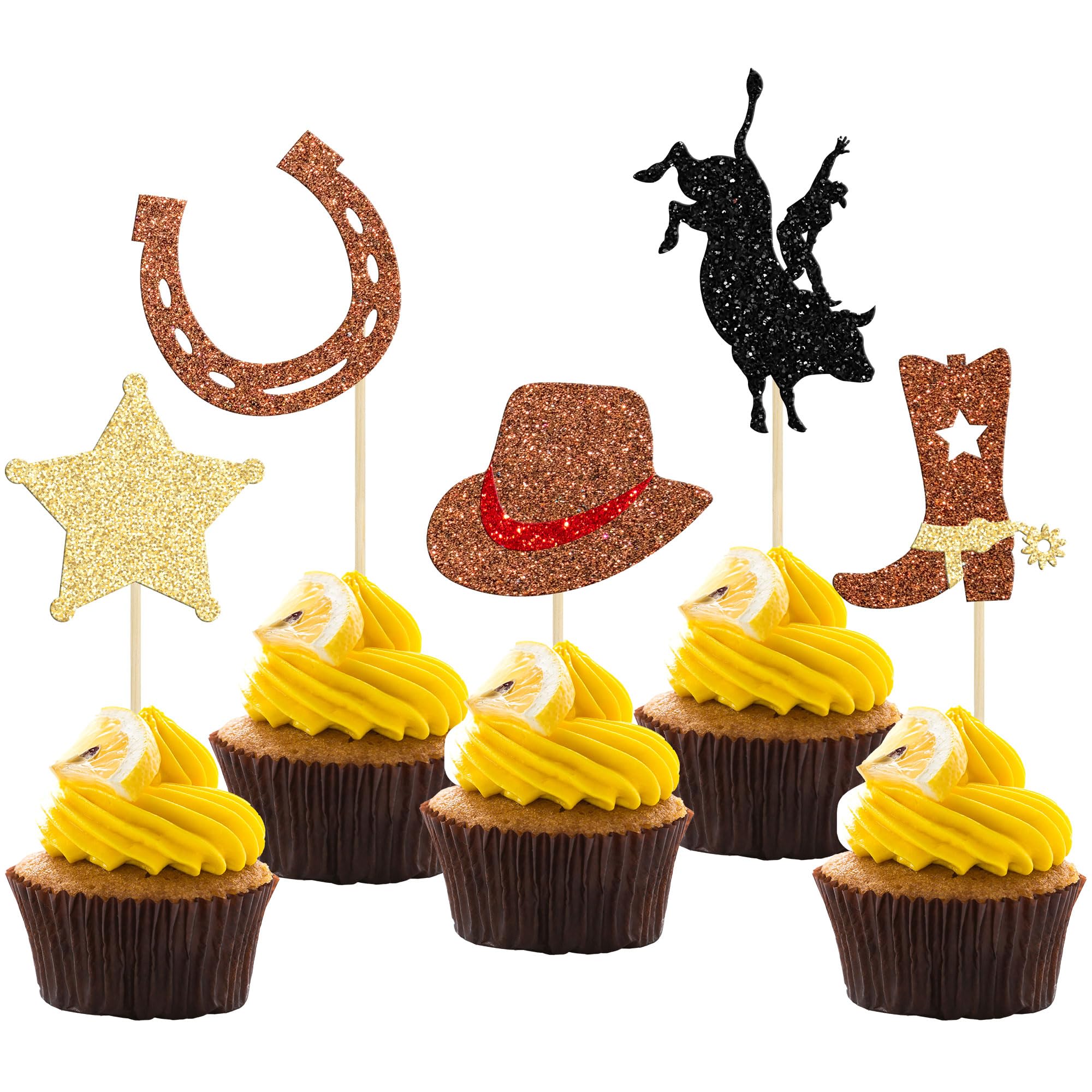 30Pcs Cowboy Cupcake Toppers Glitter HorseShoe Cowboy Hats Boots Cupcake Picks Western Theme Baby Shower Birthday Party Cake Decorations Supplies