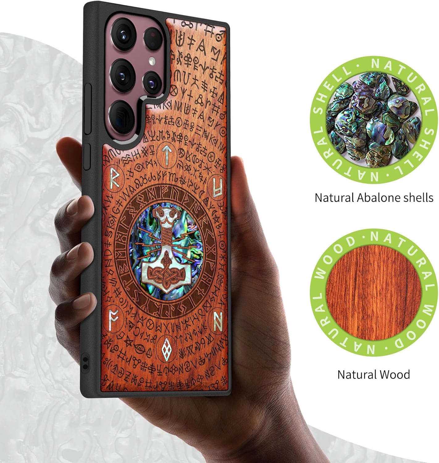 Carveit Designer Wooden Cover for Samsung Galaxy S22 Ultra Case [Wood Engraving & Shell Inlay] Wood Phone Case Compatible with Wireless Chargers Galaxy S22 Ultra (Thors Hammer-Rosy)