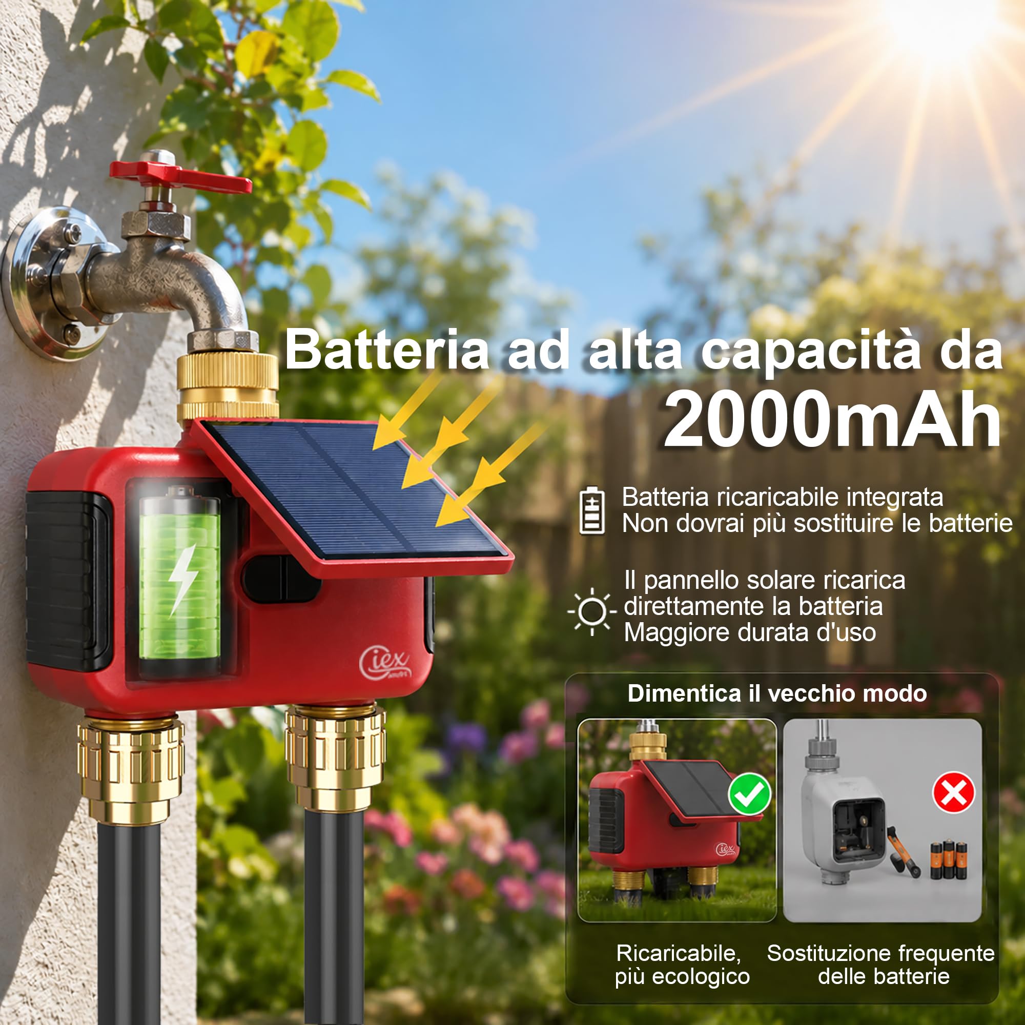 Programmatore irrigazione WiFi 2 zone, timer solare ricaricabile con doppia uscita, raccordi in ottone, senza hub, app Smart Life, compatibile Alexa e Google Assistant