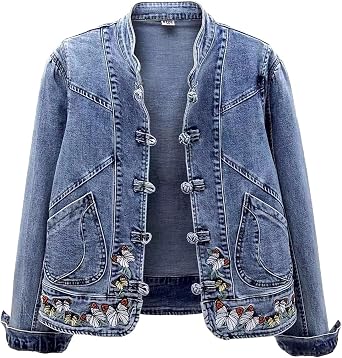 Women's Button Stretch Long Sleeve with Pockets Denim Jacket Basic Two Front Side Pockets Collarless Jacket Vintage Denim Jacket