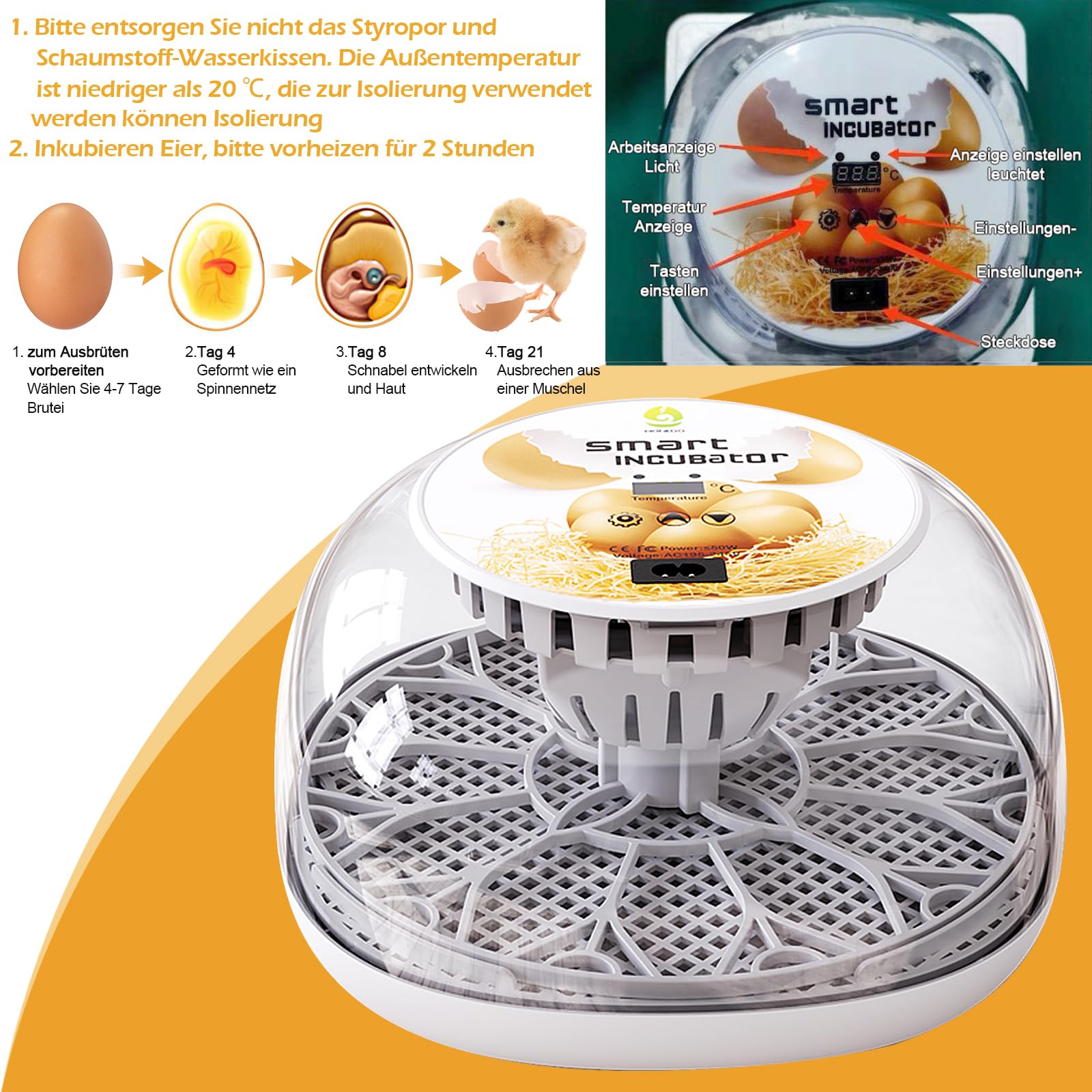 Broedmachine, volautomatisch, broedmachine voor kippen, eenden en andere vogels, incubator met automatisch rotatiesysteem en temperatuurregeling (12-16 eieren Broedmachine, volautomatisch, broedmachine voor kippen, eenden en andere vogels, incubator met automatisch rotatiesysteem en temperatuurregeling (12-16 eieren
