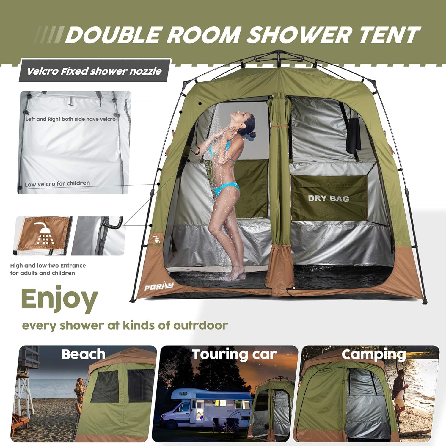 camping shower tent deluxe changing room easy set up privacy shelter,large toilet tent with floor drain design for beach, camping,hiking with stakes and ropes for stability 2 room green/brown