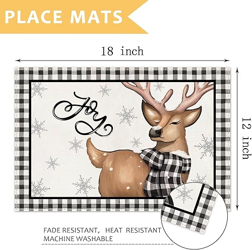 Miniatura 2 de BLKWHT Juego de 4 manteles individuales de invierno de búfalo para mesa de comedor, 12 x 18 pulgadas, muñeco de nieve de Navidad, renos, decoración