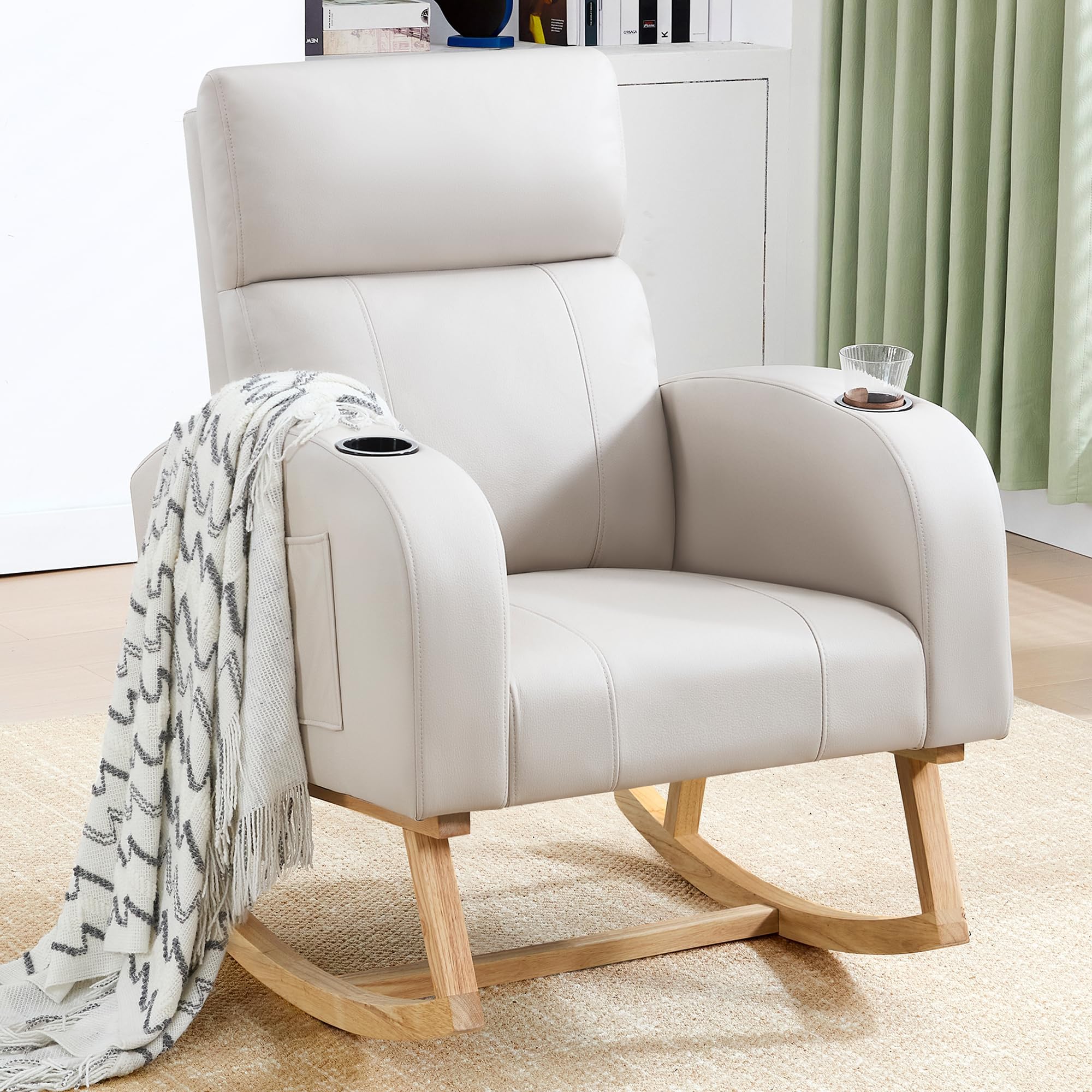 Rocking Chair Nursery, Leather Nursery Rocking Chairs with Cup Holders, Nursing Rocking Chair Glider Rocker Indoor for Adult, Living Room, Bedroom, Beige