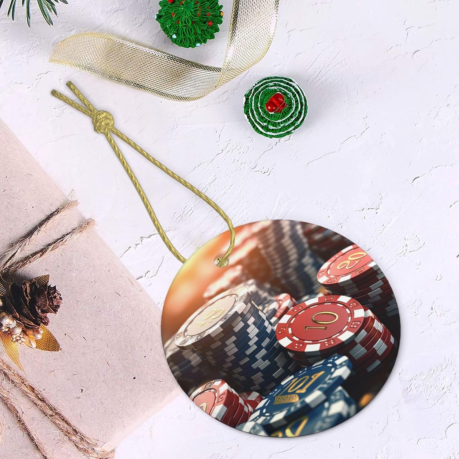 Christmas Ornaments Ceramic Round Christmas Hanging Ornament Double-Sided Casino Chips Print Christmas Tree Pendants for Fireplace Party Holiday Wedding Xmas Decoration Gift