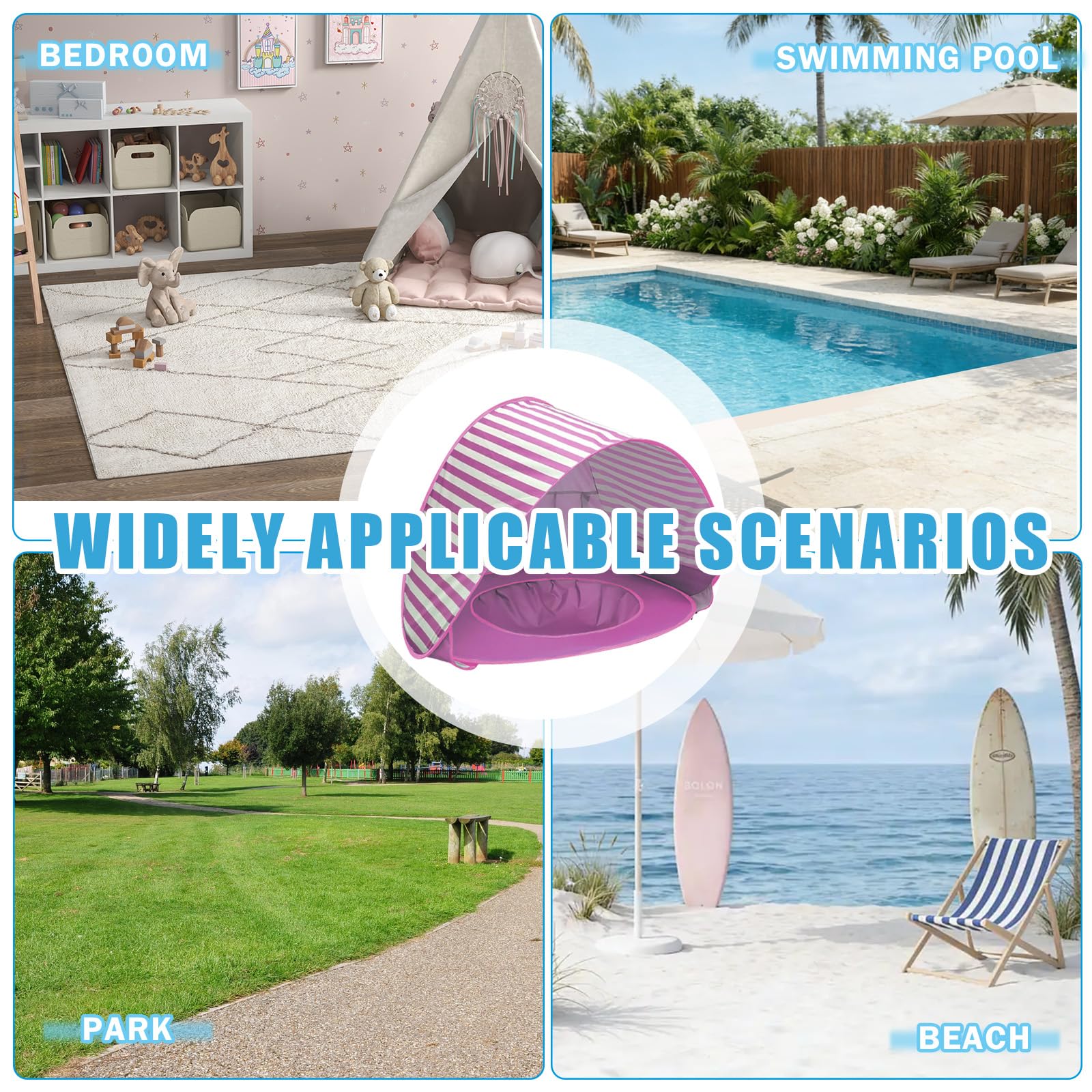 Tienda de campaña para la playa para bebés con piscina, tienda de campaña portátil con minipiscina separable, protección UV, ideal para playa, jardín y camping (rayas rosas)