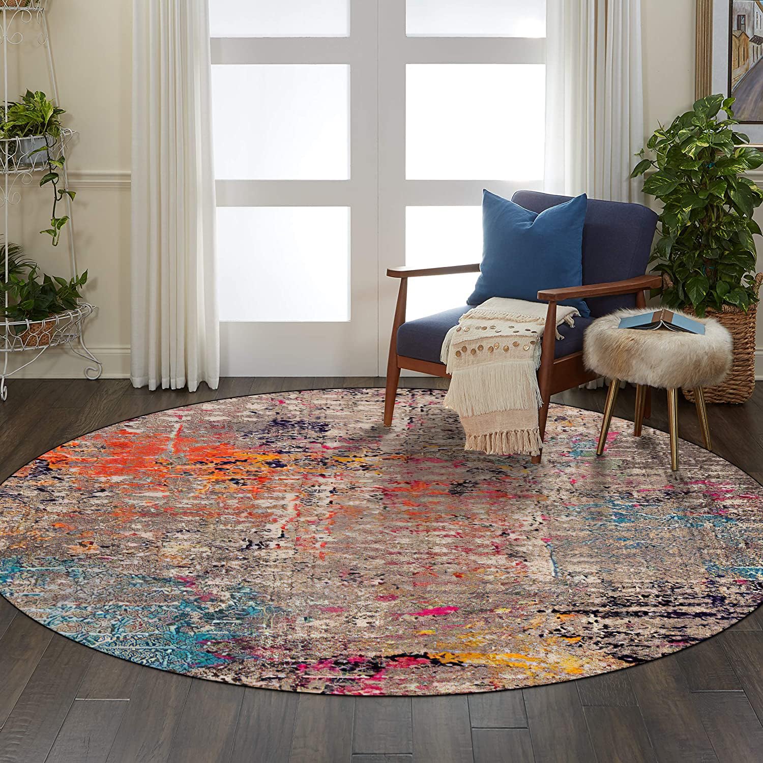Tapis rond antidérapant aquarelle rétro orange et bleu de 110 cm pour salon