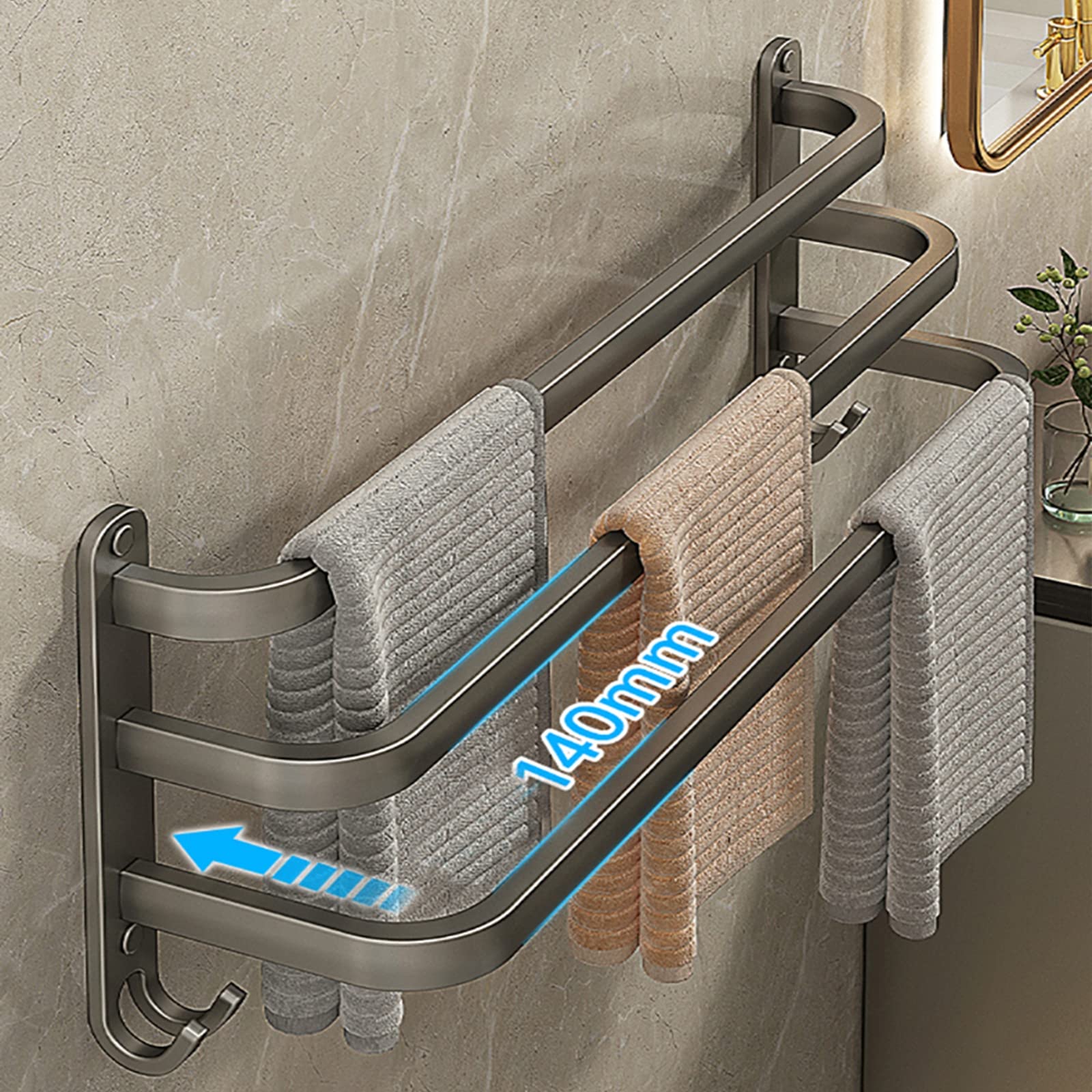 Portasciugamani da parete a 3 ripiani, senza trapano, in alluminio, con 2 ganci, mensola salvaspazio per cucina e hotel, design elegante bianco, 60 cm