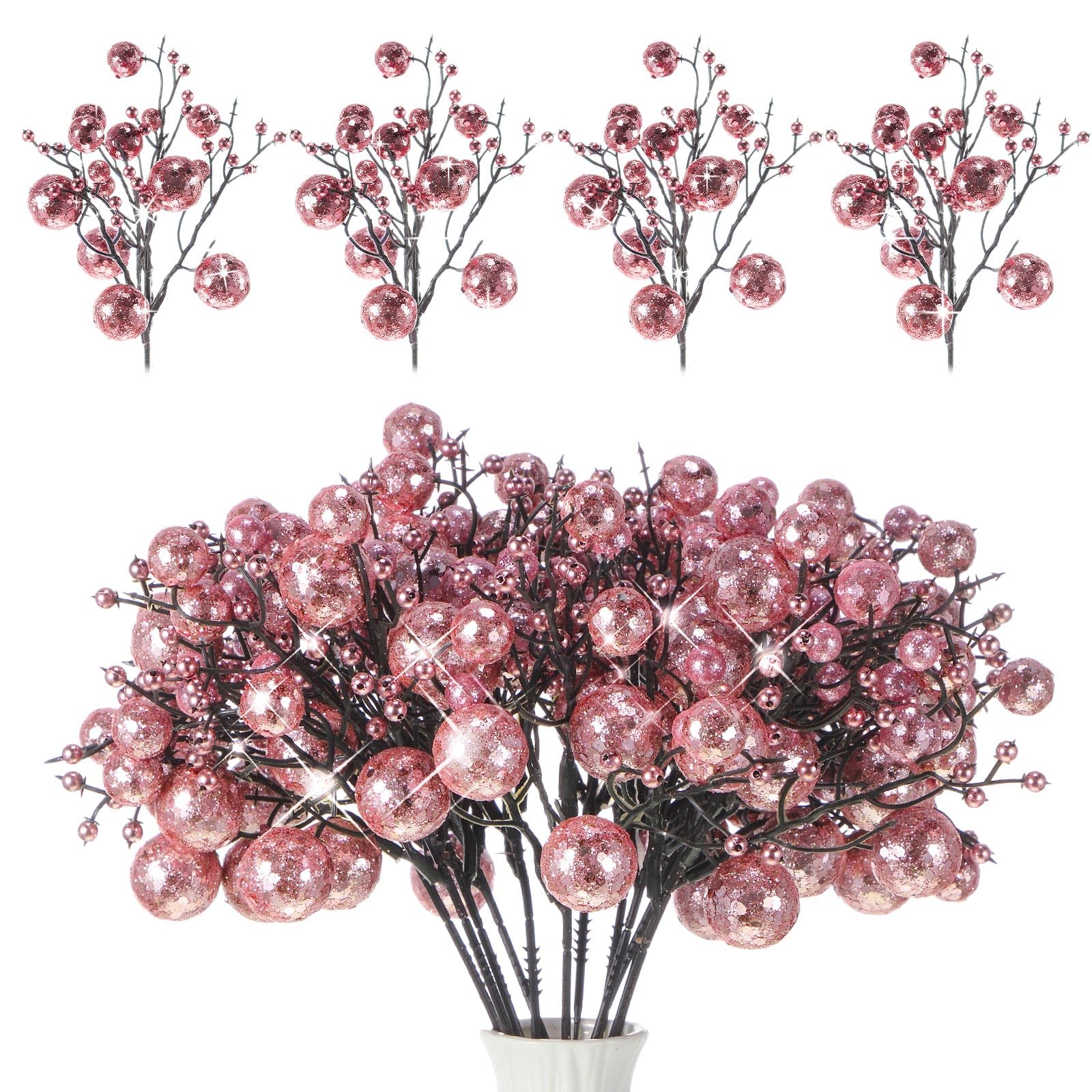 Geosar 24 Pieces Christmas Glitter Berries Stems 10 Inch Christmas Berry Picks Artificial Glittered Berries Ornaments Floral Stems for Christmas Tree, Home Wreath, Party Decoration (Pink)